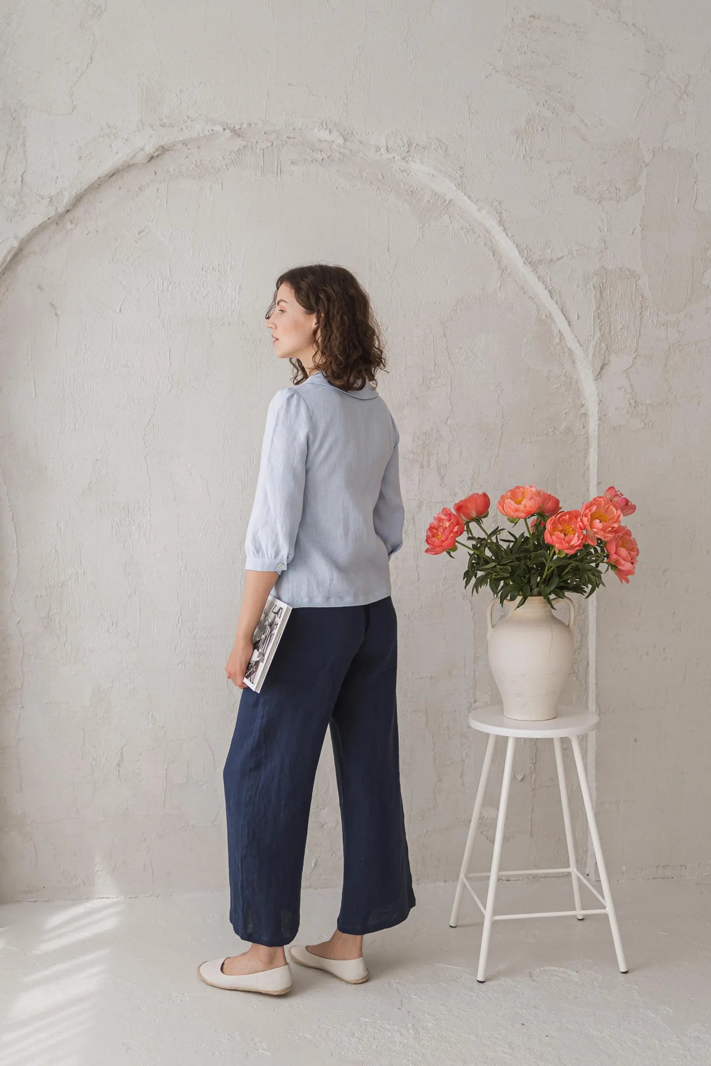 Linen Blouse with Peter Pan Collar in Pale Blue