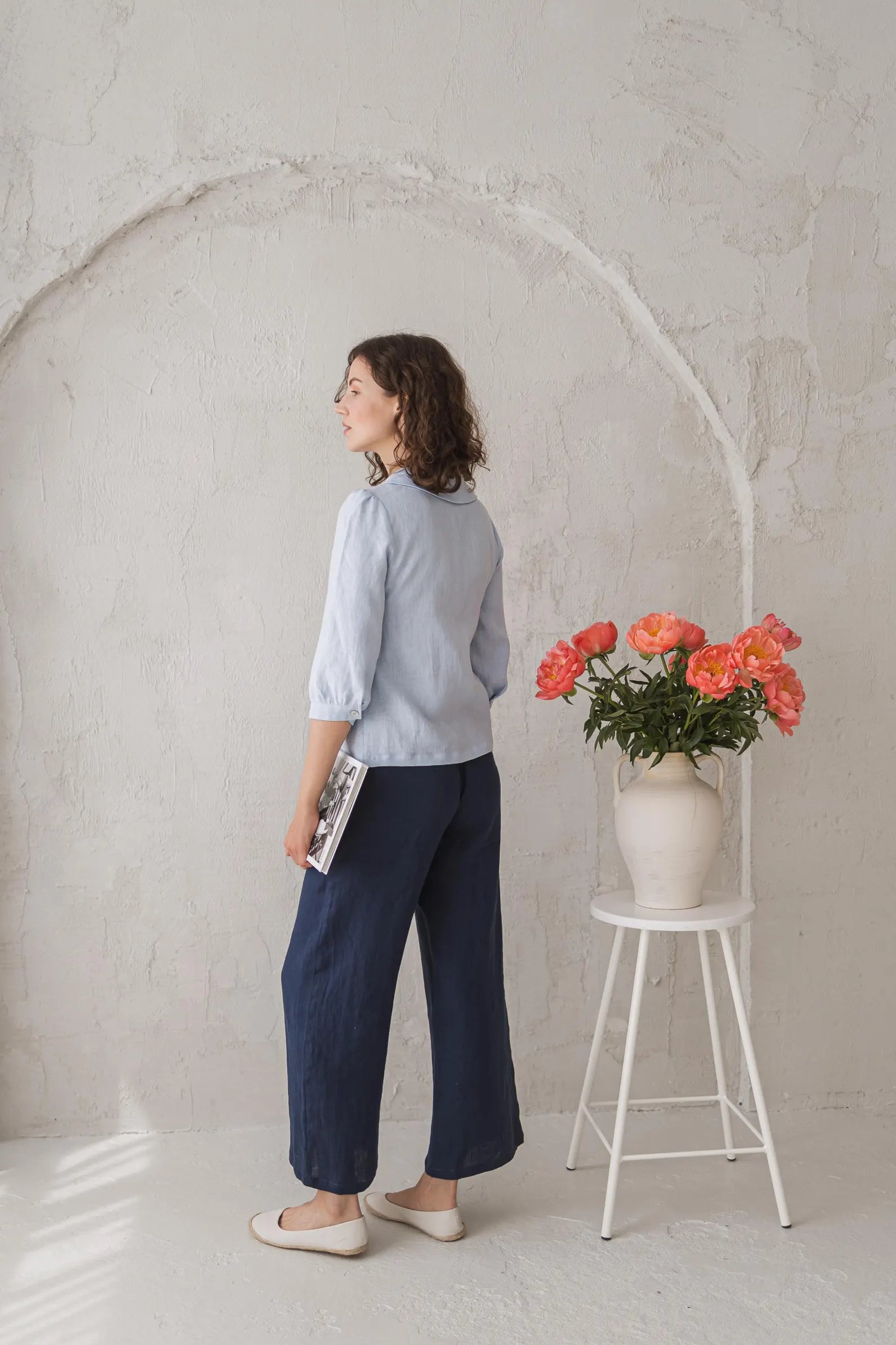 Linen Blouse with Peter Pan Collar in Pale Blue