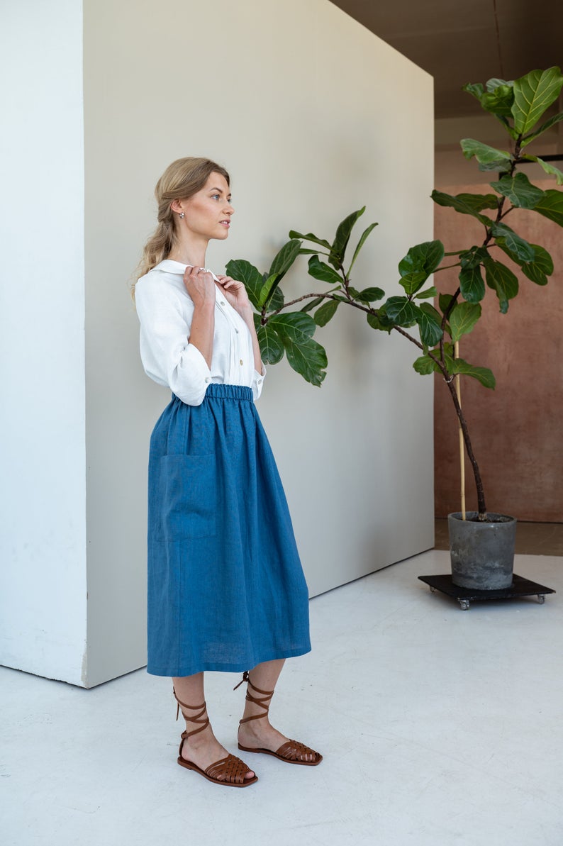 Linen Midi Skirt Melody with Big Pockets