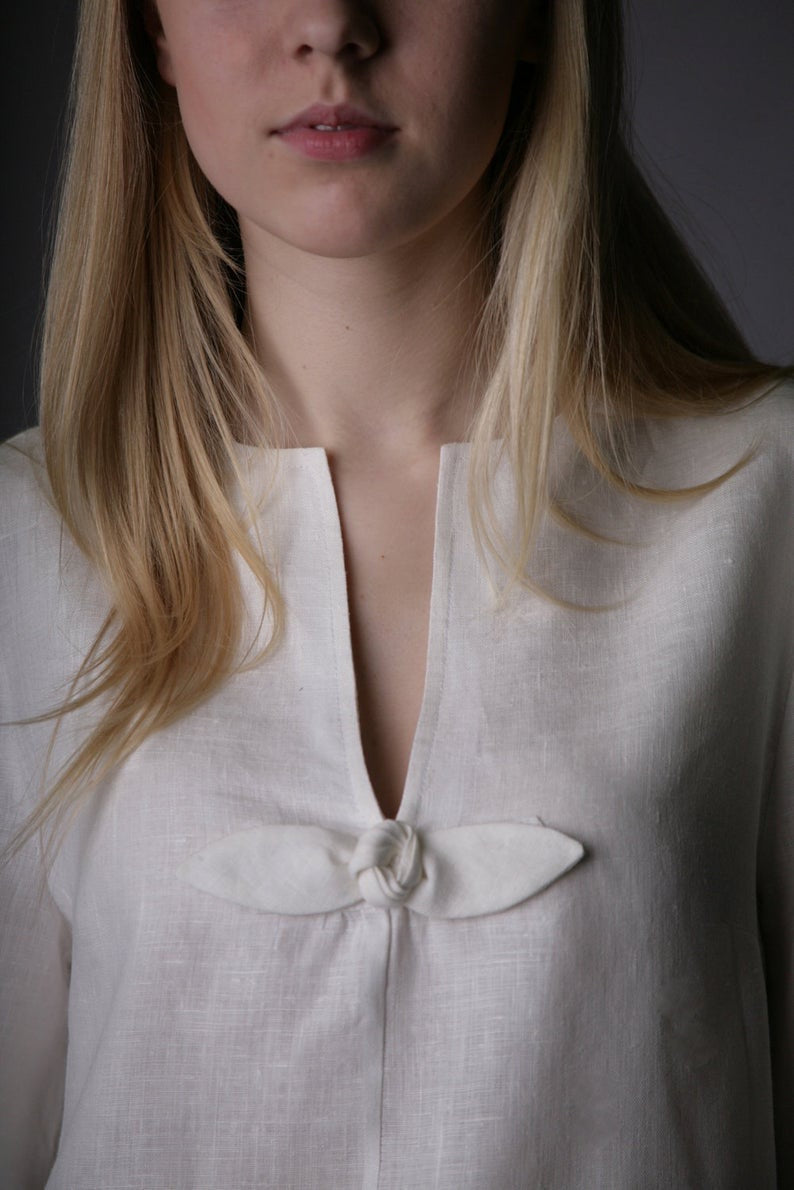 Linen White Tunic ROSEMARY with Handmade Rose Decor