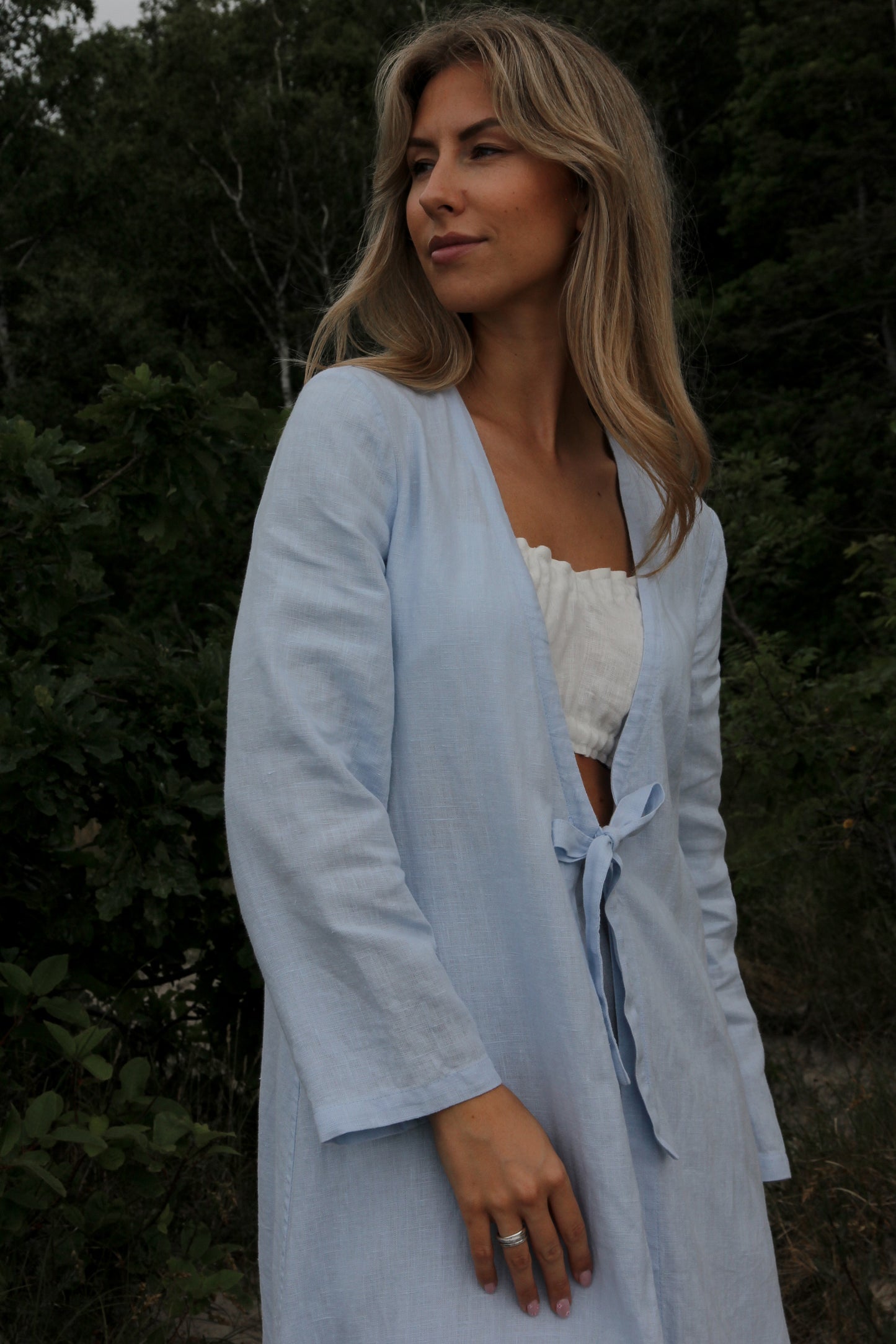 Linen Long Cardigan HENRY with Ties in Pale Blue