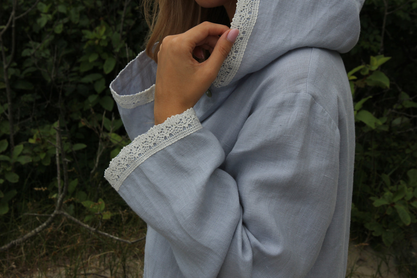 Linen Hooded Cardigan TARA with Lace
