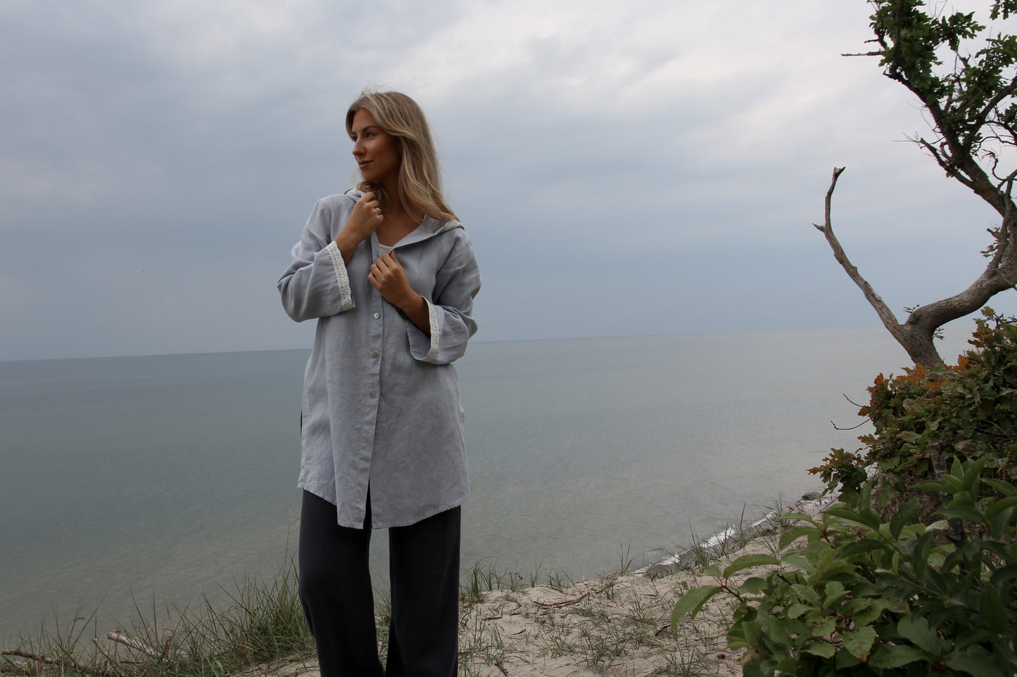 Linen Hooded Cardigan TARA with Lace