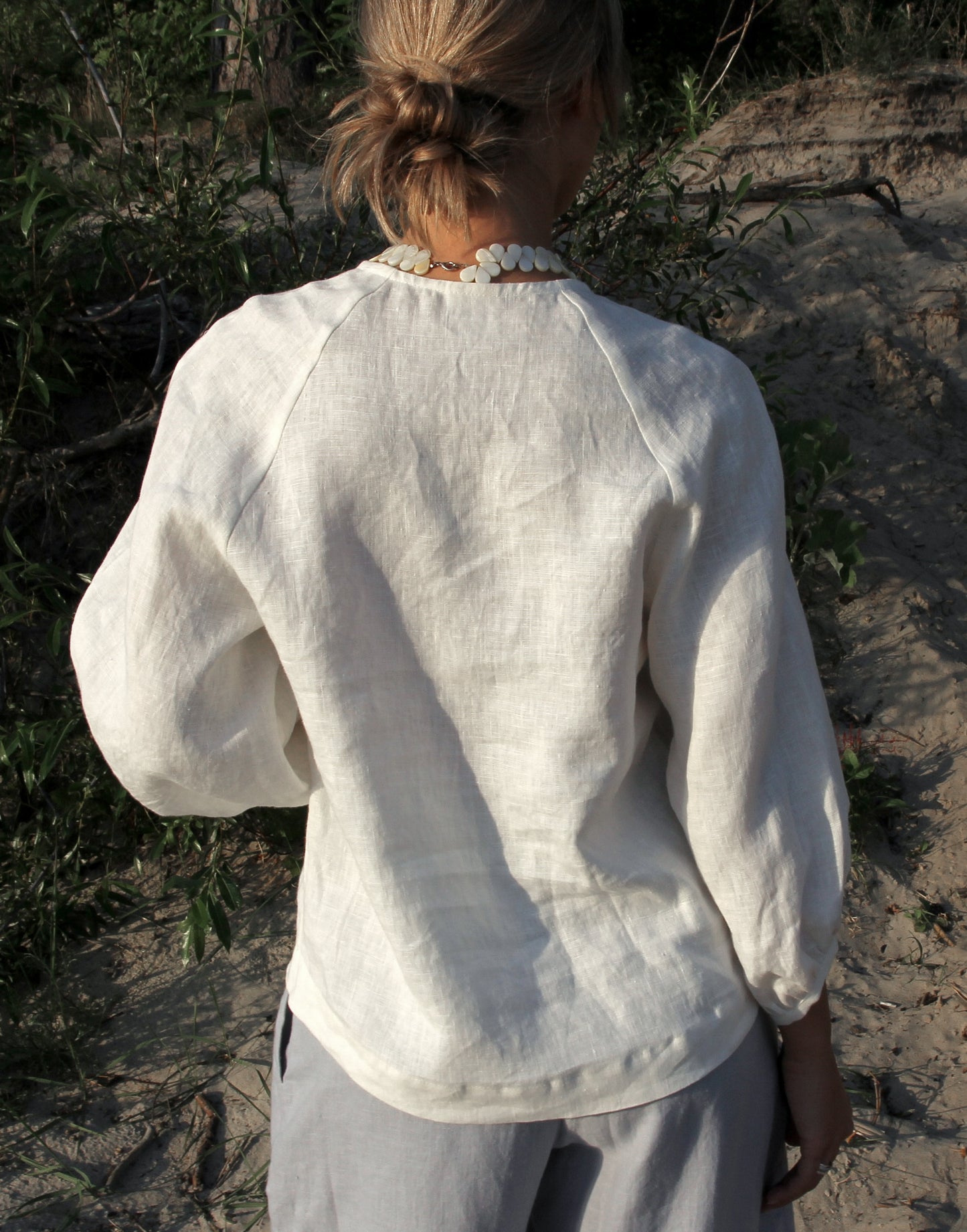 Linen White Blouse ASTRA with Bishop Sleeves