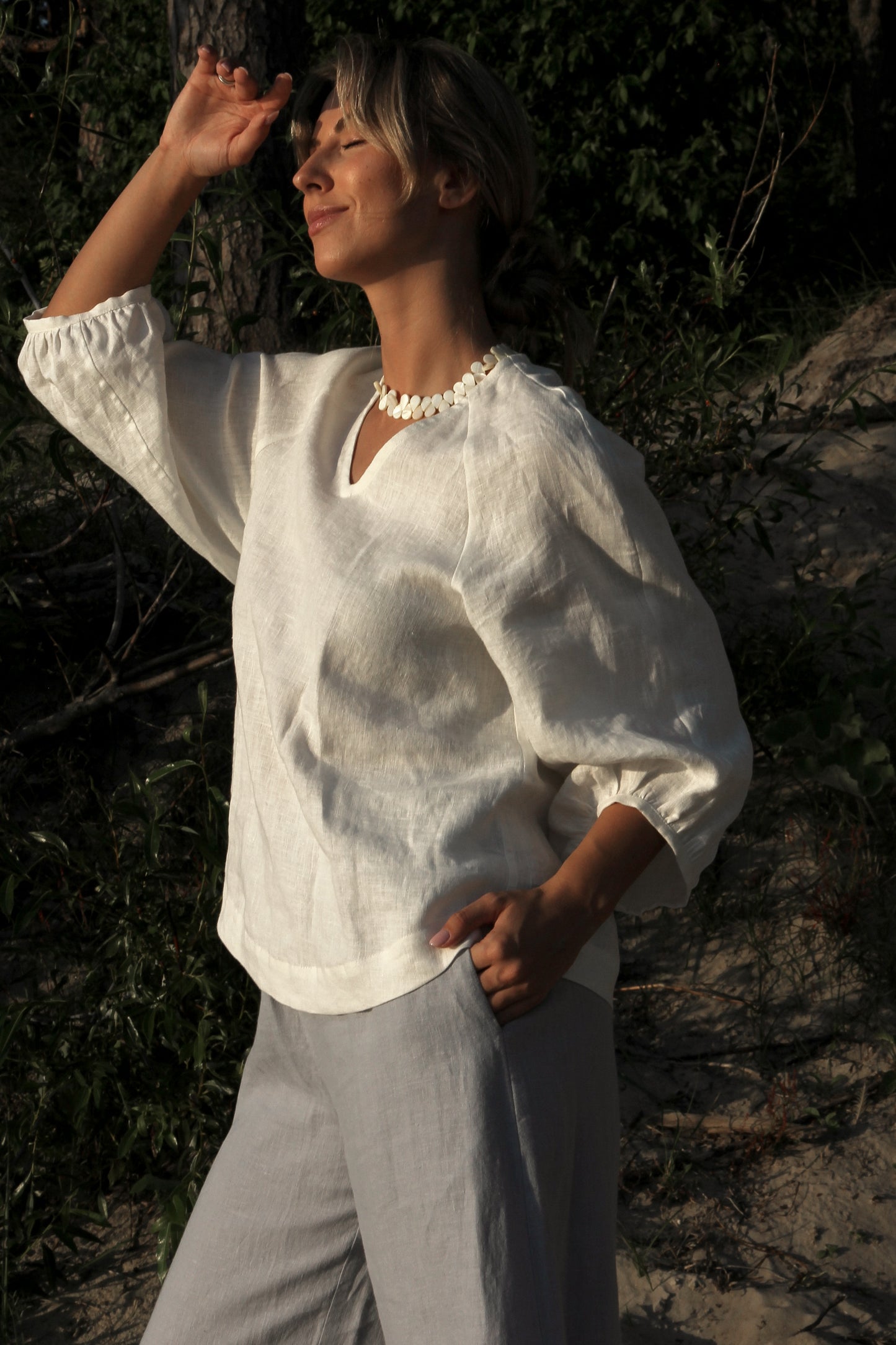 Linen White Blouse ASTRA with Bishop Sleeves