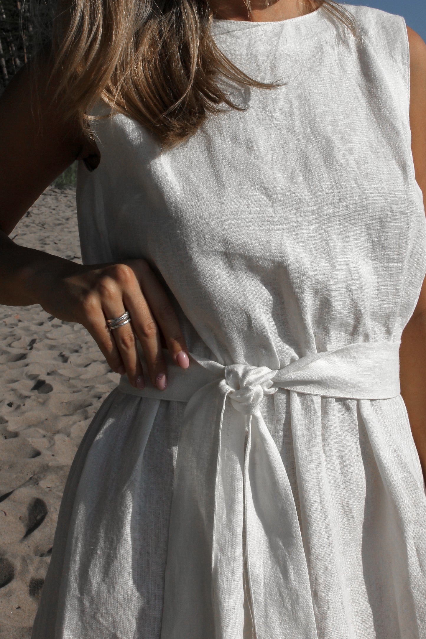 Linen Midi Dress MILA with Open Lace Back in Blue