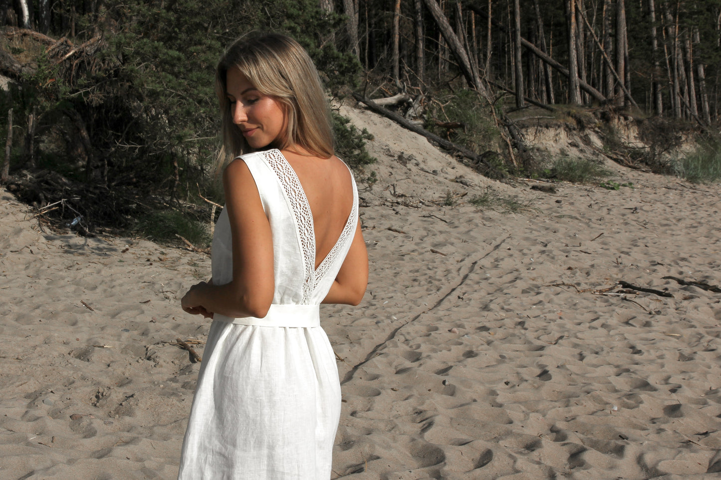 Linen Midi Dress MILA with Open Lace Back in Blue