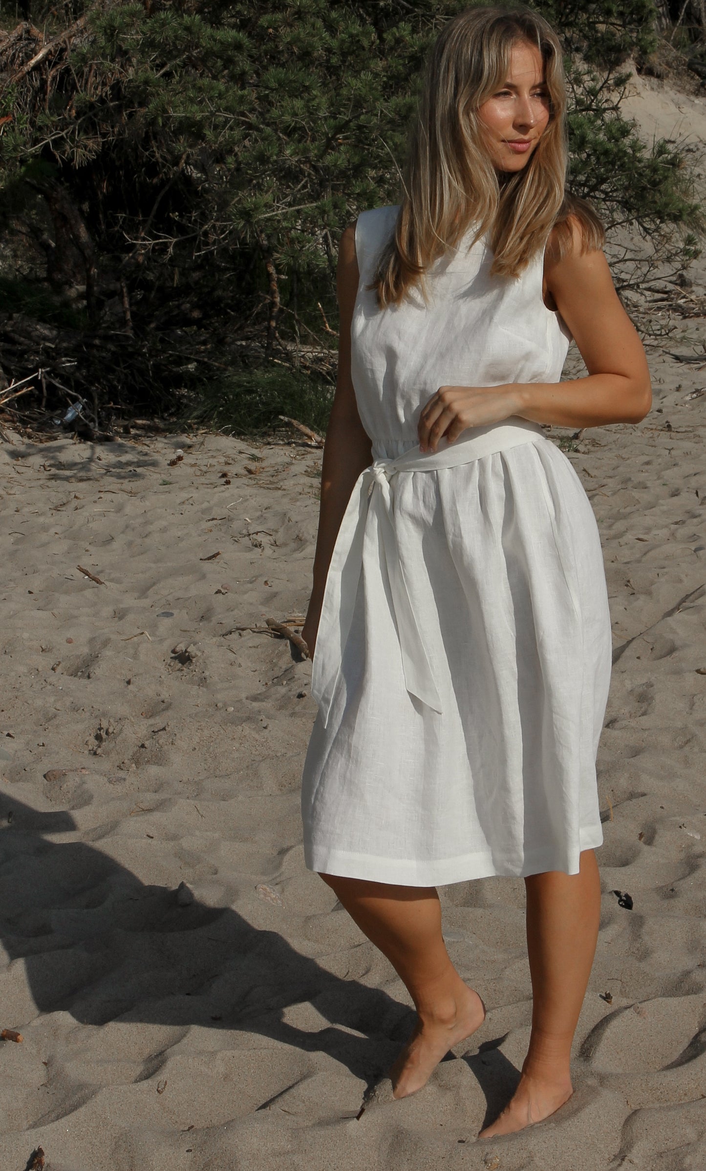 Linen Midi Dress MILA with Open Lace Back in Blue