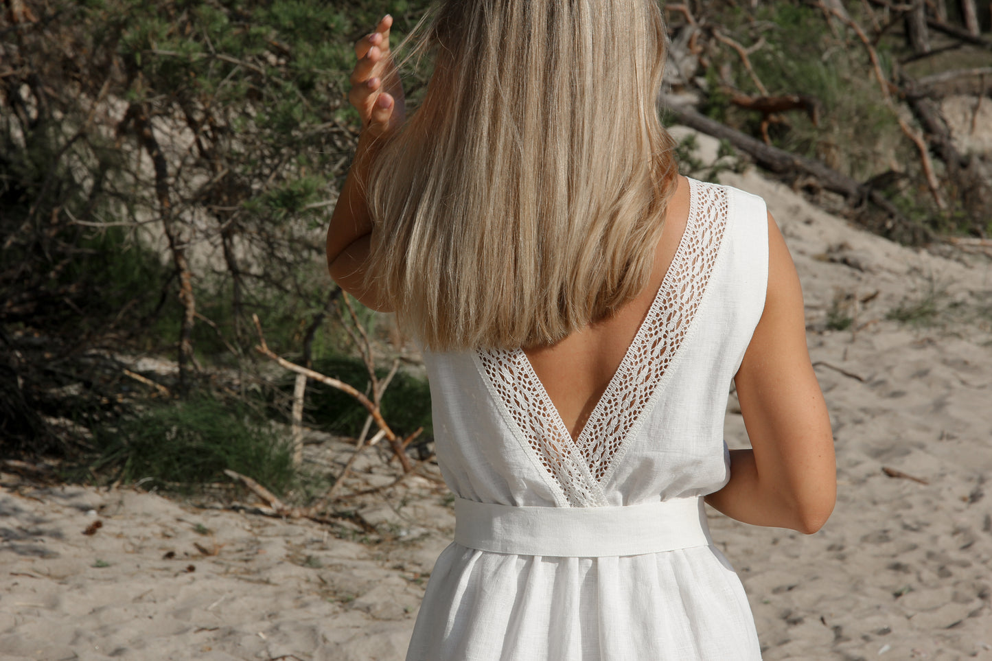 Linen Midi Dress MILA with Open Lace Back in Blue