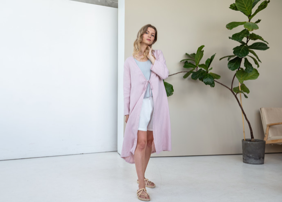 Linen Long Wide Cardigan HENRY with Ties in Rose