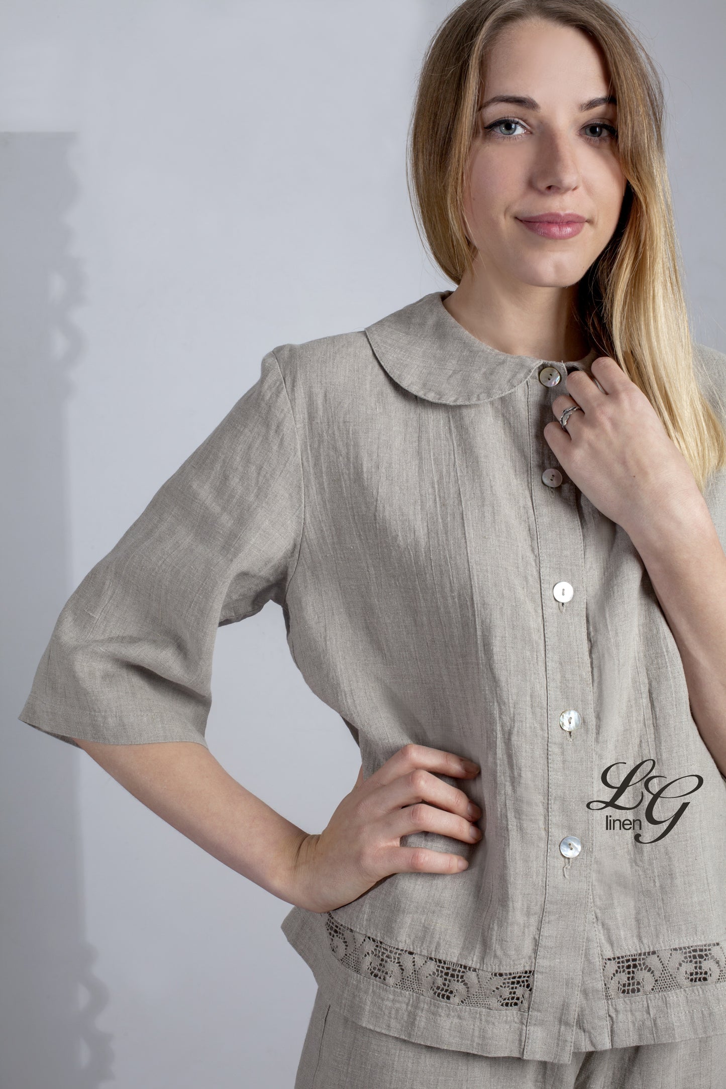 Linen White Pajama VANESSA for Women/Linen Loungewear Laced