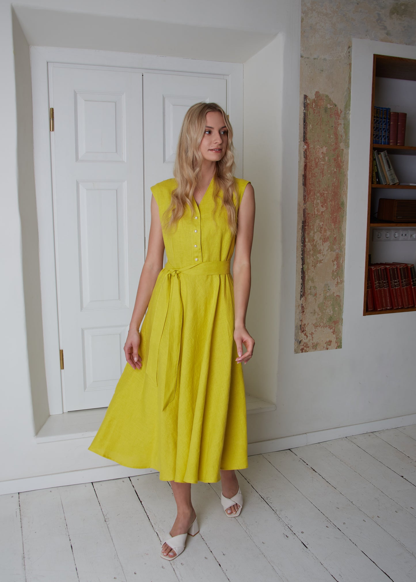 Linen Midi Dress MAGNOLIA Sleeveless with Wide skirt/ A-line Shape Elegant Linen Dress