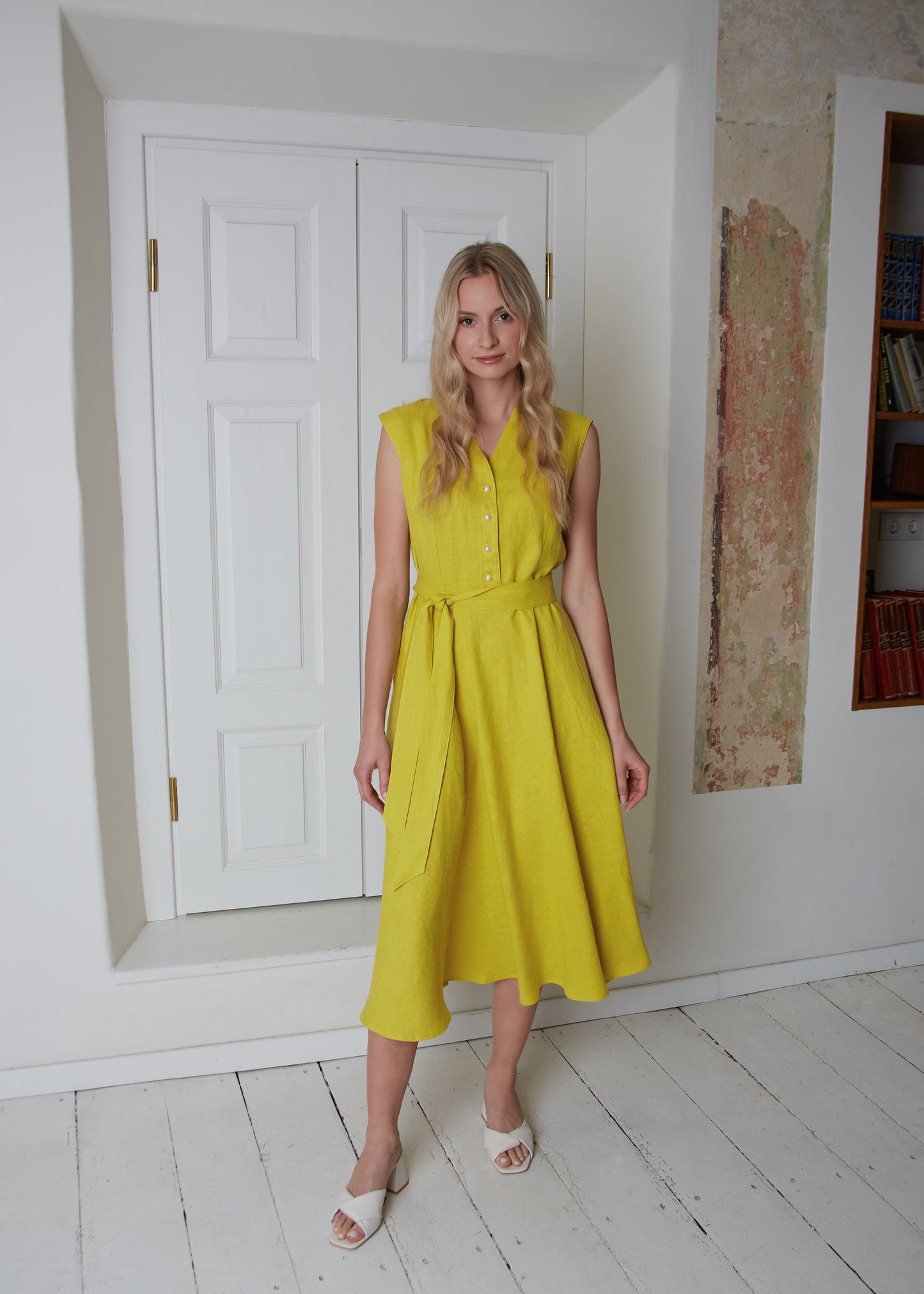 Linen Midi Dress MAGNOLIA Sleeveless with Wide skirt/ A-line Shape Elegant Linen Dress