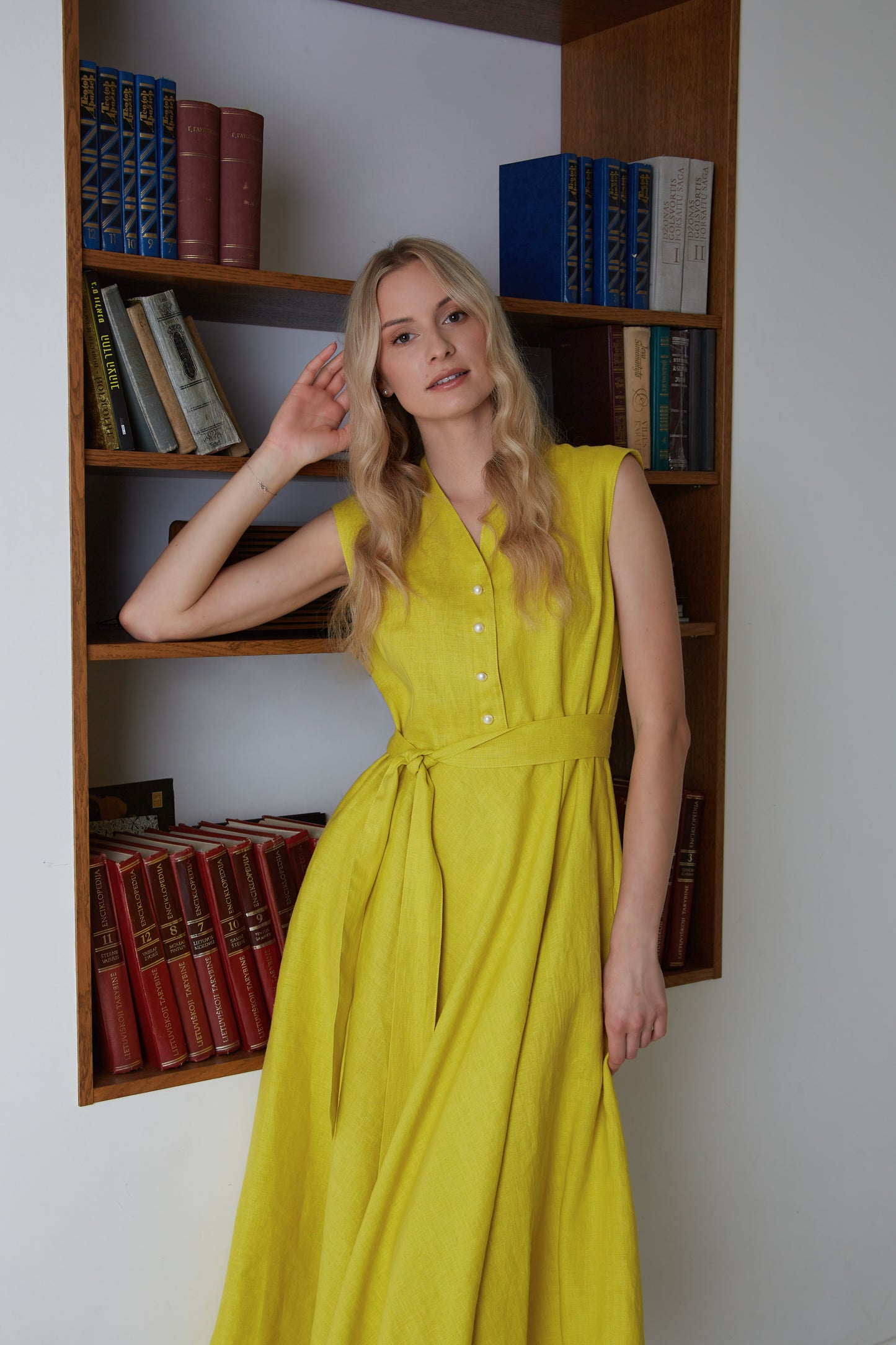 Linen Midi Dress MAGNOLIA Sleeveless with Wide skirt/ A-line Shape Elegant Linen Dress
