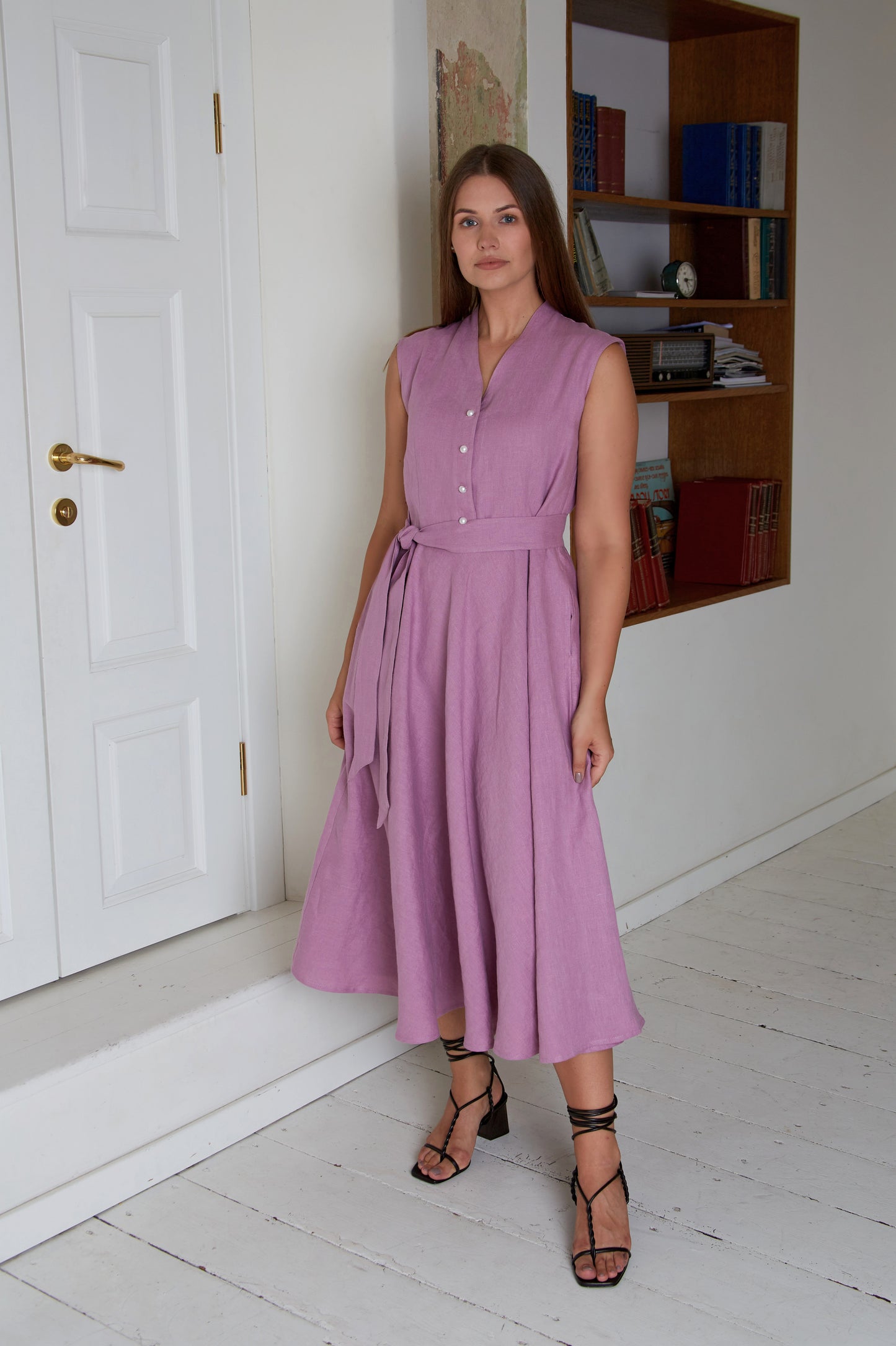 Linen Midi Dress MAGNOLIA Sleeveless with Wide skirt/ A-line Shape Elegant Linen Dress