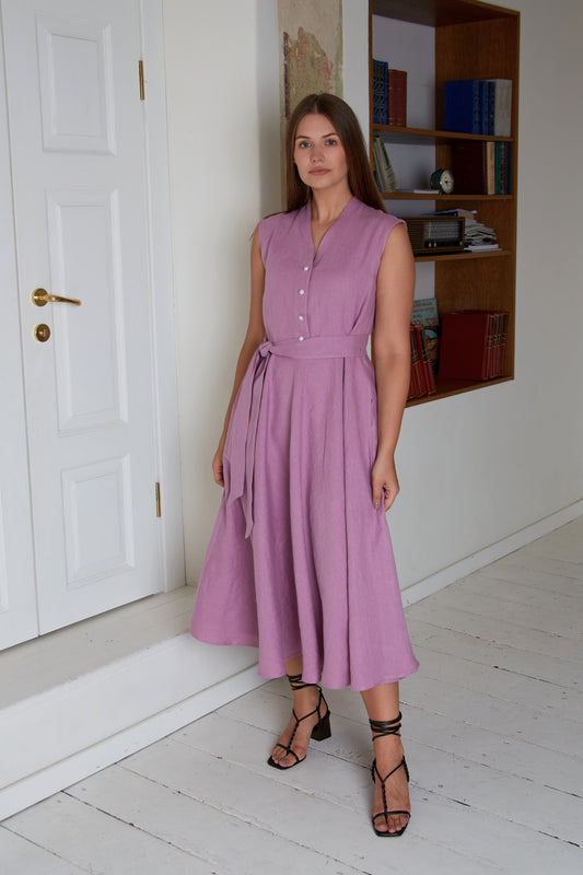 Linen Midi Dress MAGNOLIA Sleeveless with Wide skirt/ A-line Shape Elegant Linen Dress
