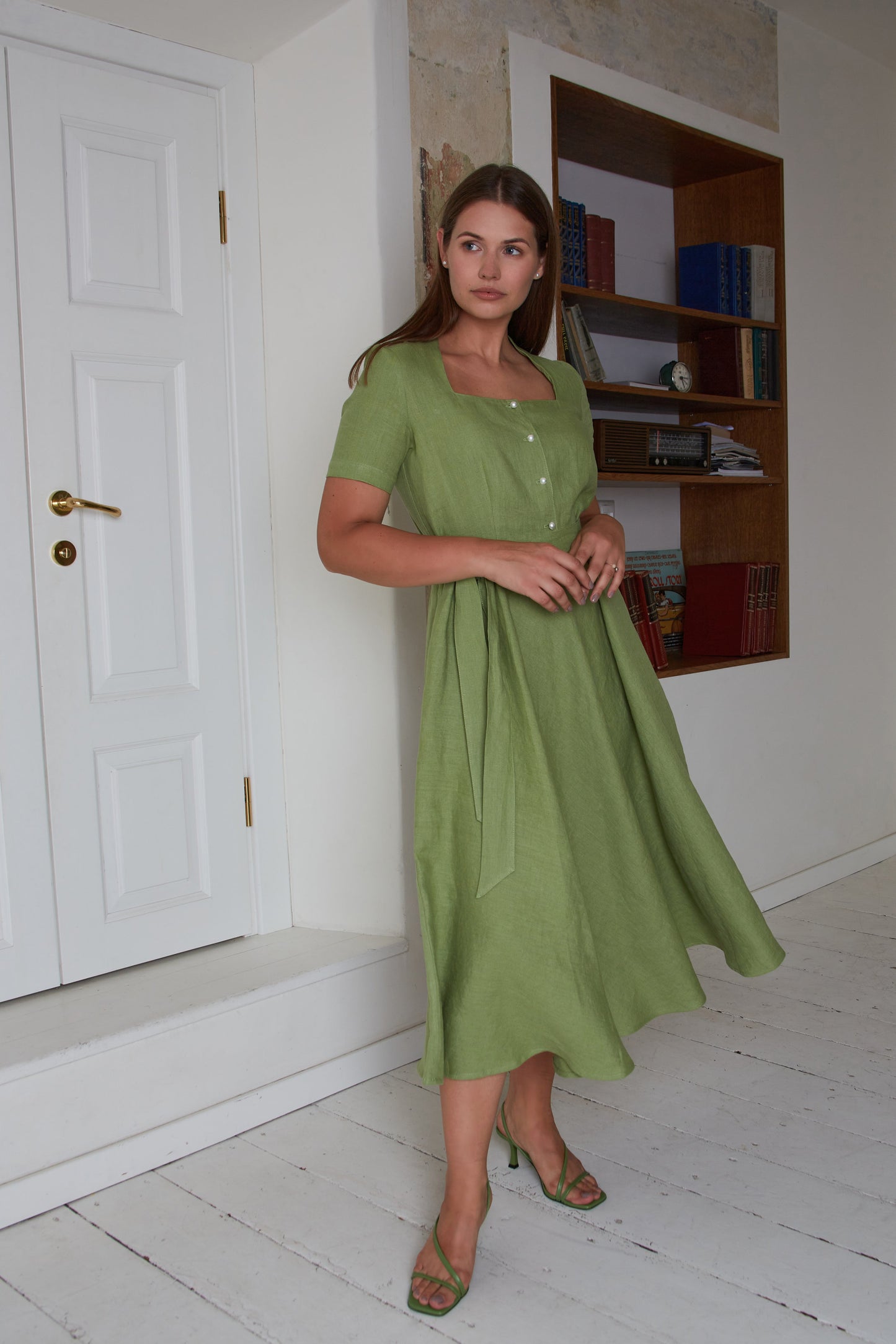 Linen Long Dress GLORIA with Short Sleeves and Wide Skirt
