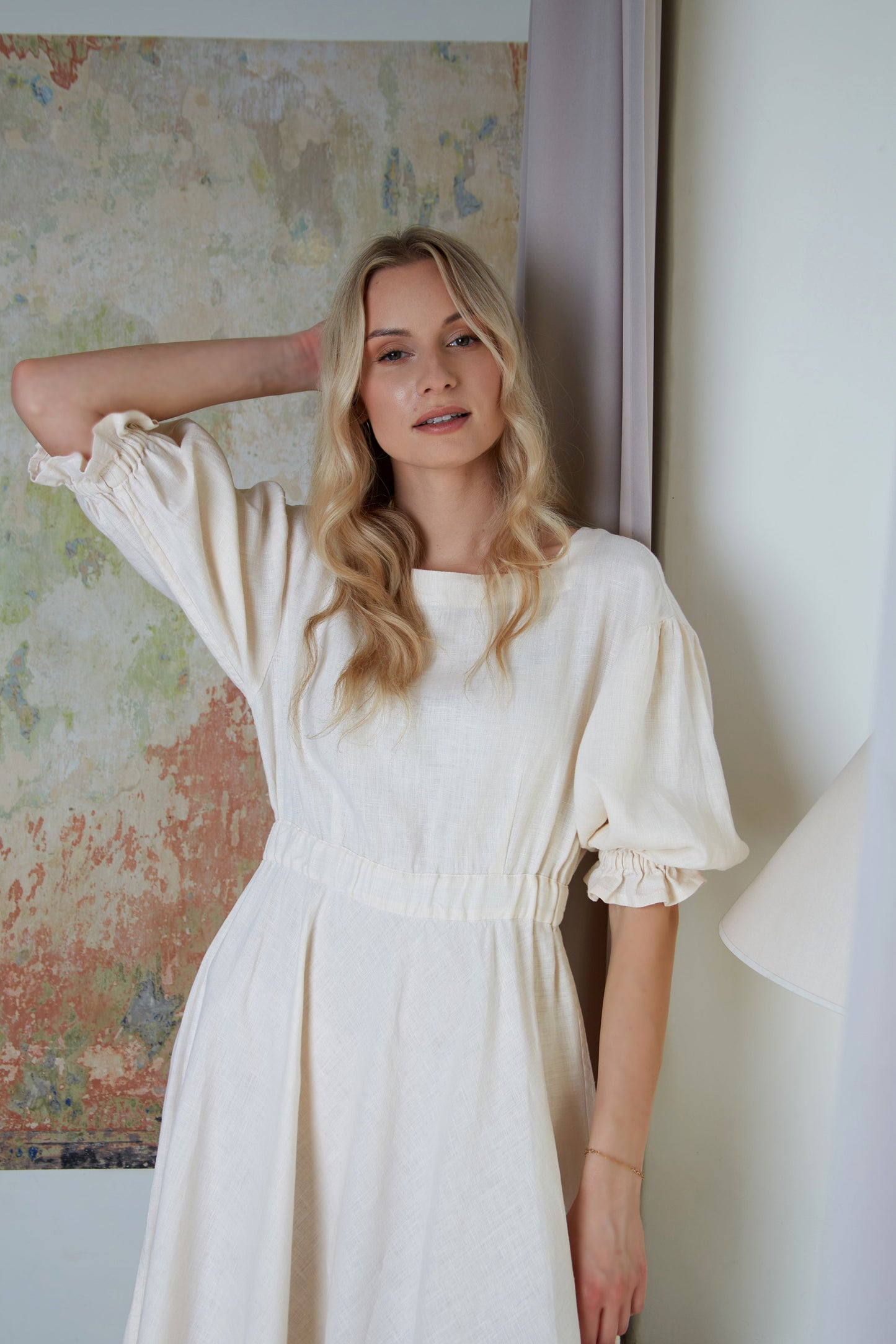 Linen Midi Dress ROMANCE with Wide and Ruffled Skirt
