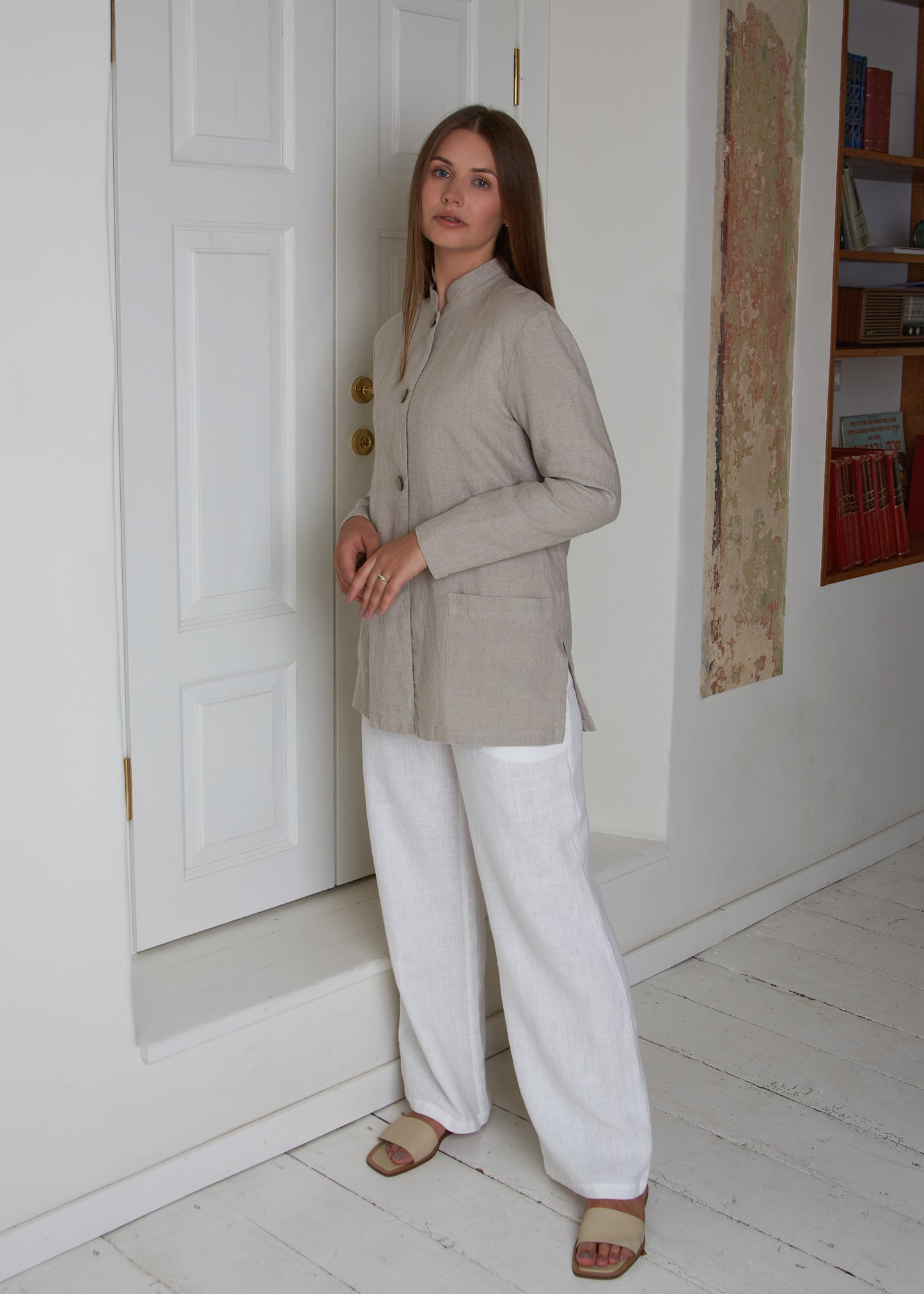Linen Long Oversized Blazer STELLA with Stand and Side Slits
