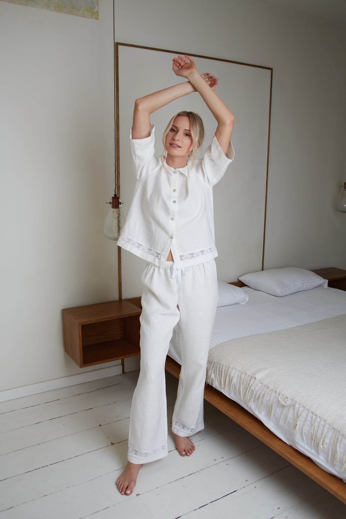 Linen White Pajama VANESSA for Women/Linen Loungewear Laced