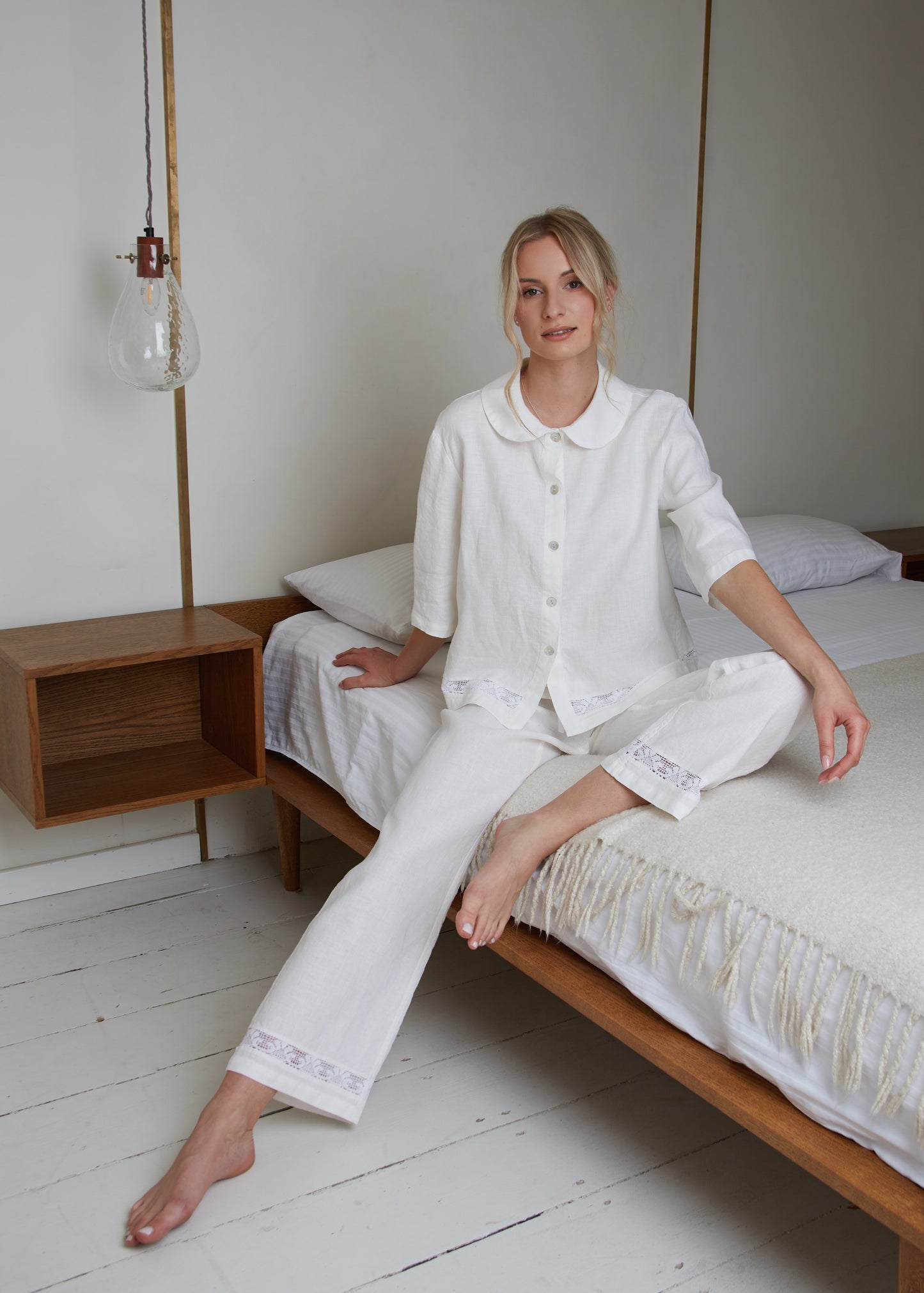 Linen White Pajama VANESSA for Women/Linen Loungewear Laced