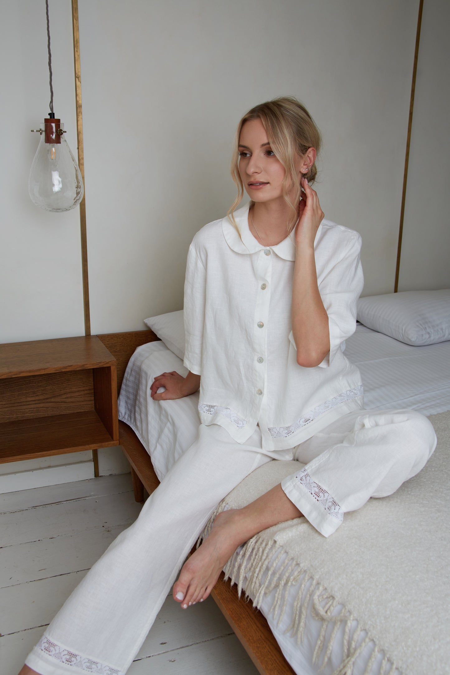 Linen White Pajama VANESSA for Women/Linen Loungewear Laced