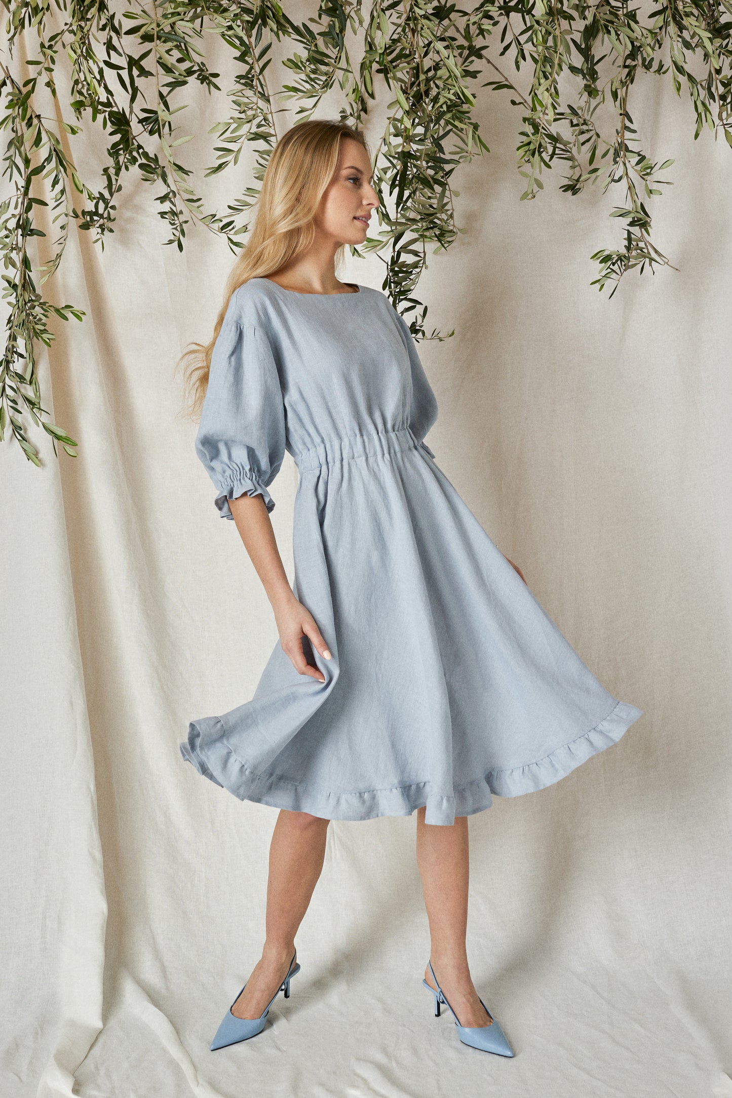 Linen Midi Dress ROMANCE with Wide Ruffle Skirt