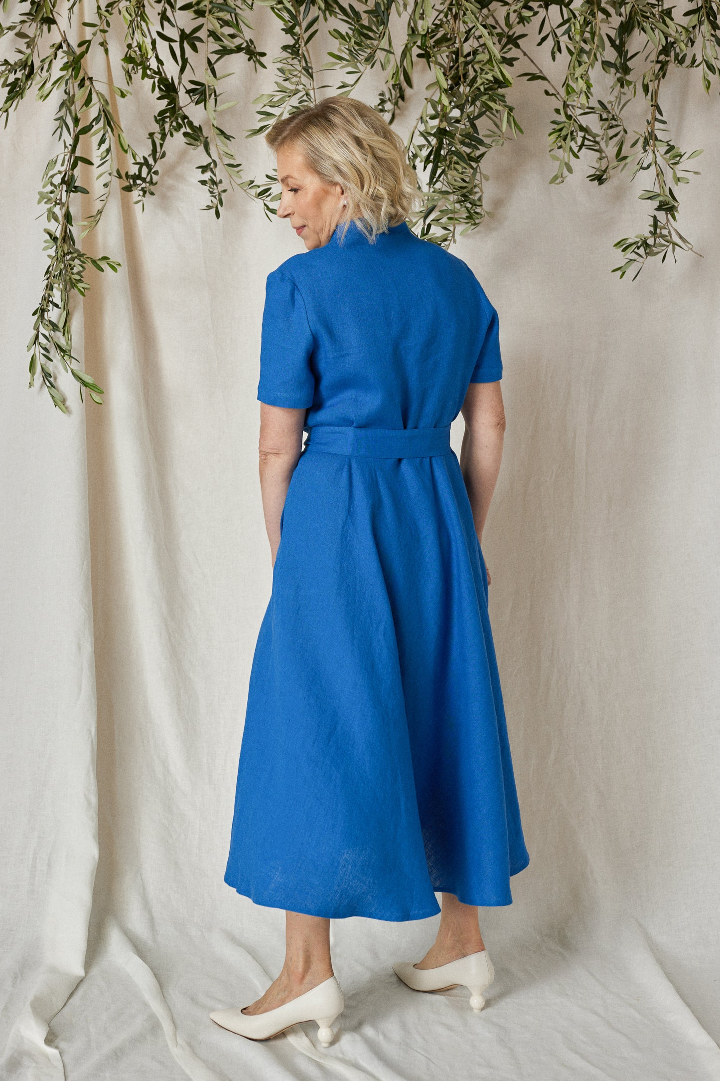 Linen Long Dress GLORIA with Short Sleeves and Wide Skirt