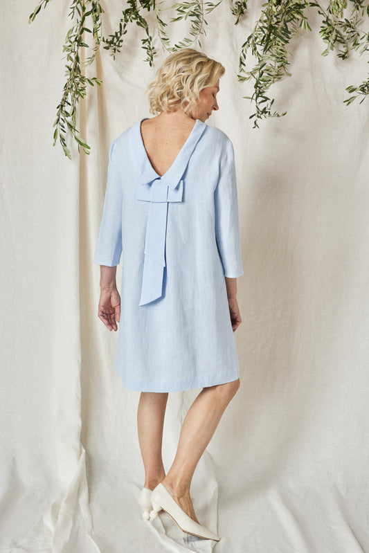 Linen Dress ALLEGRA With Open Back , Bias cut collar and Detachable Bow