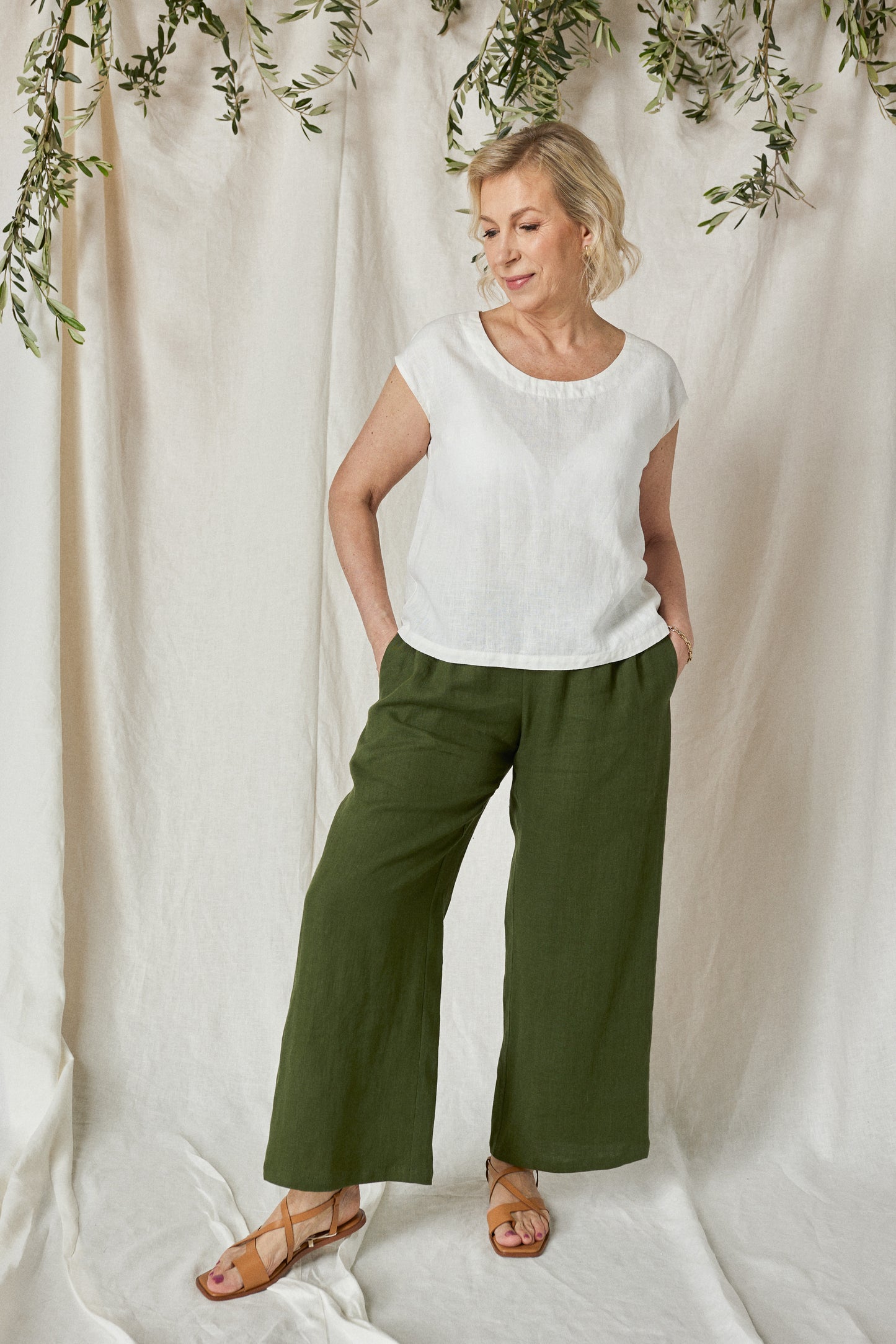READY To SHIP - White Linen Sleeveless Top ELLA-2 with Round Neck