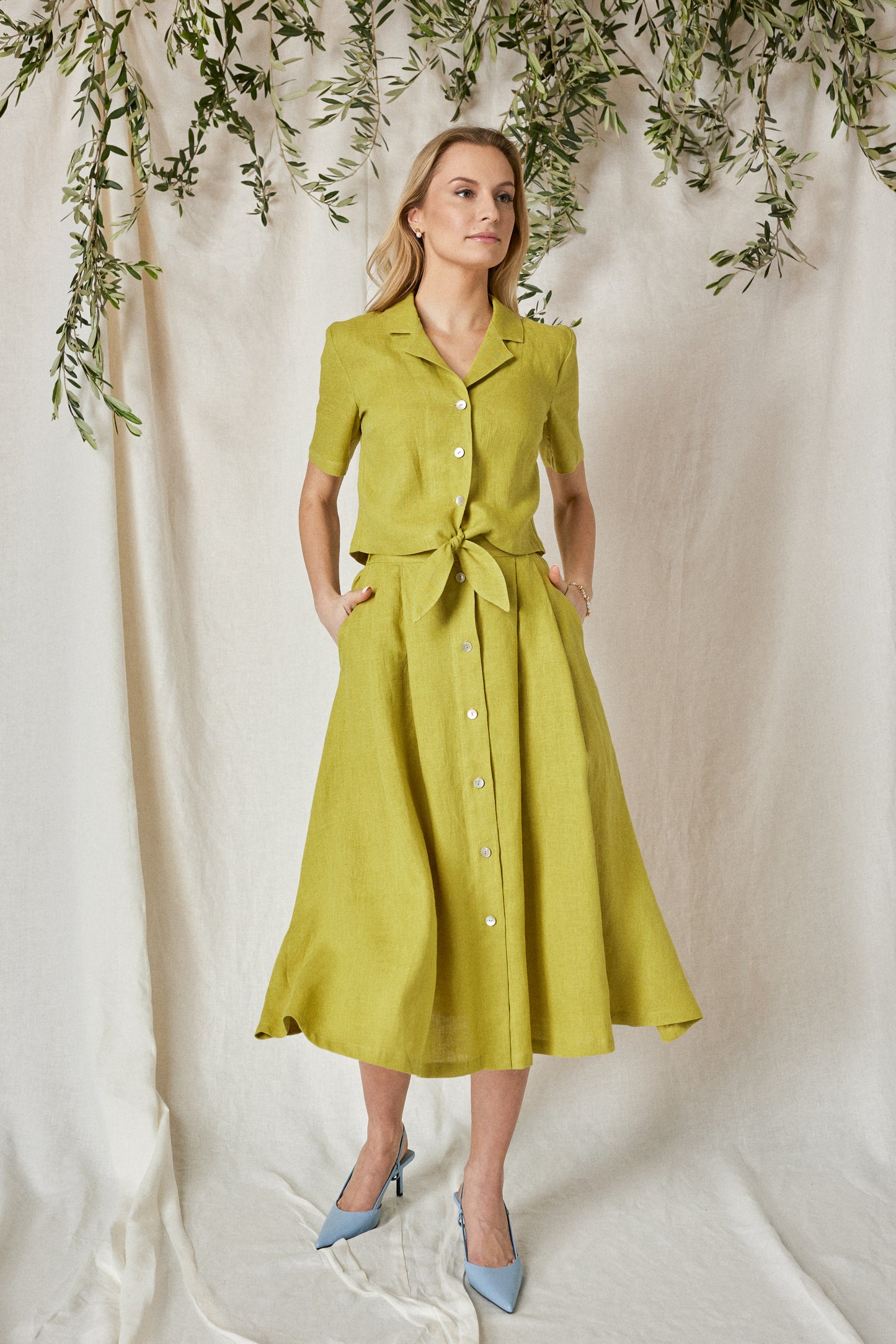 Linen Skirt Suit PALOMA/ A-line Skirt and Short Jacket with Ties