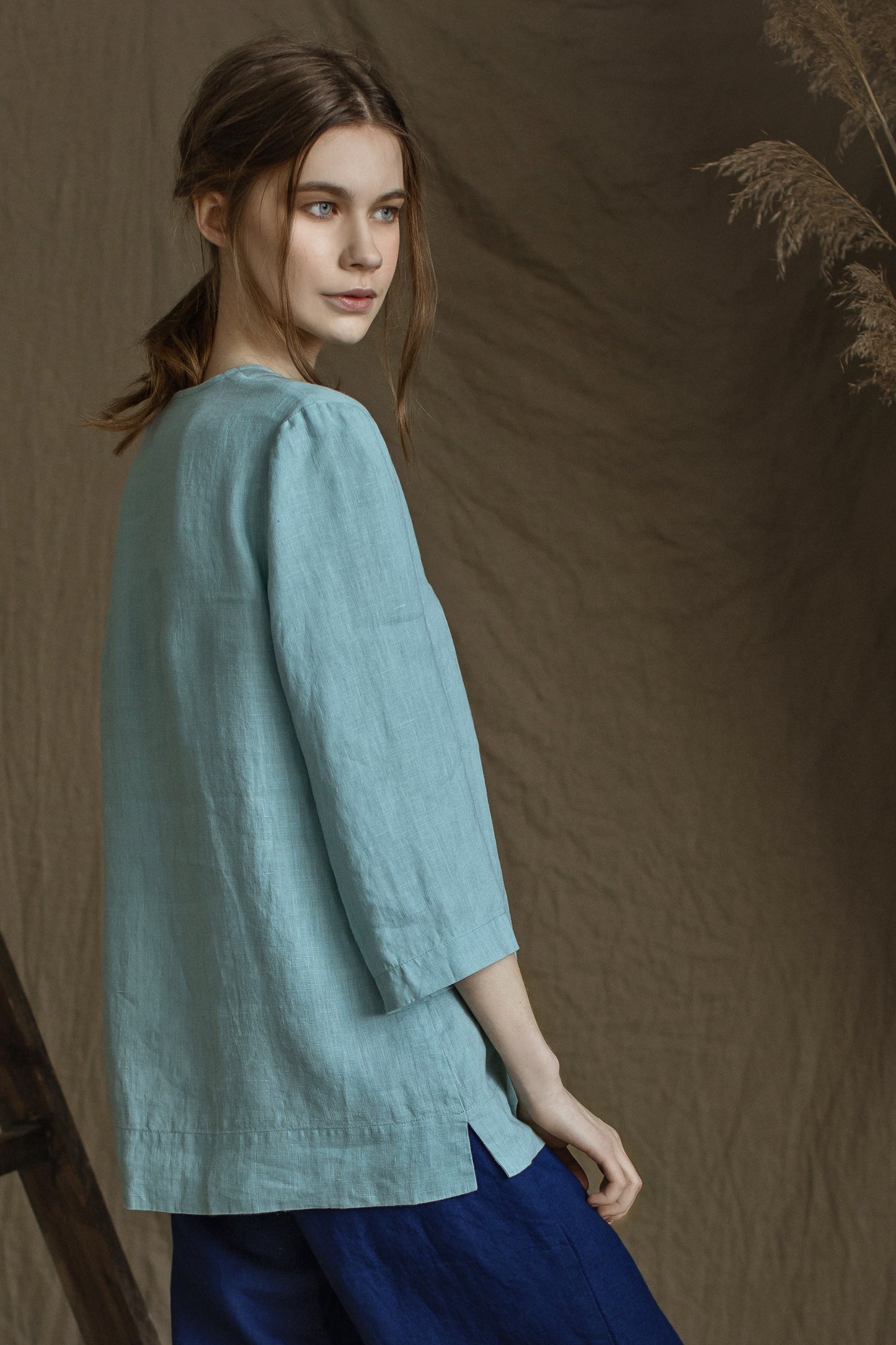 Linen White Tunic ROSEMARY with Handmade Rose Decor