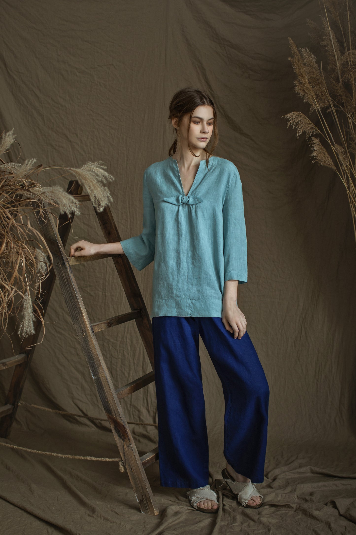 Linen White Tunic ROSEMARY with Handmade Rose Decor