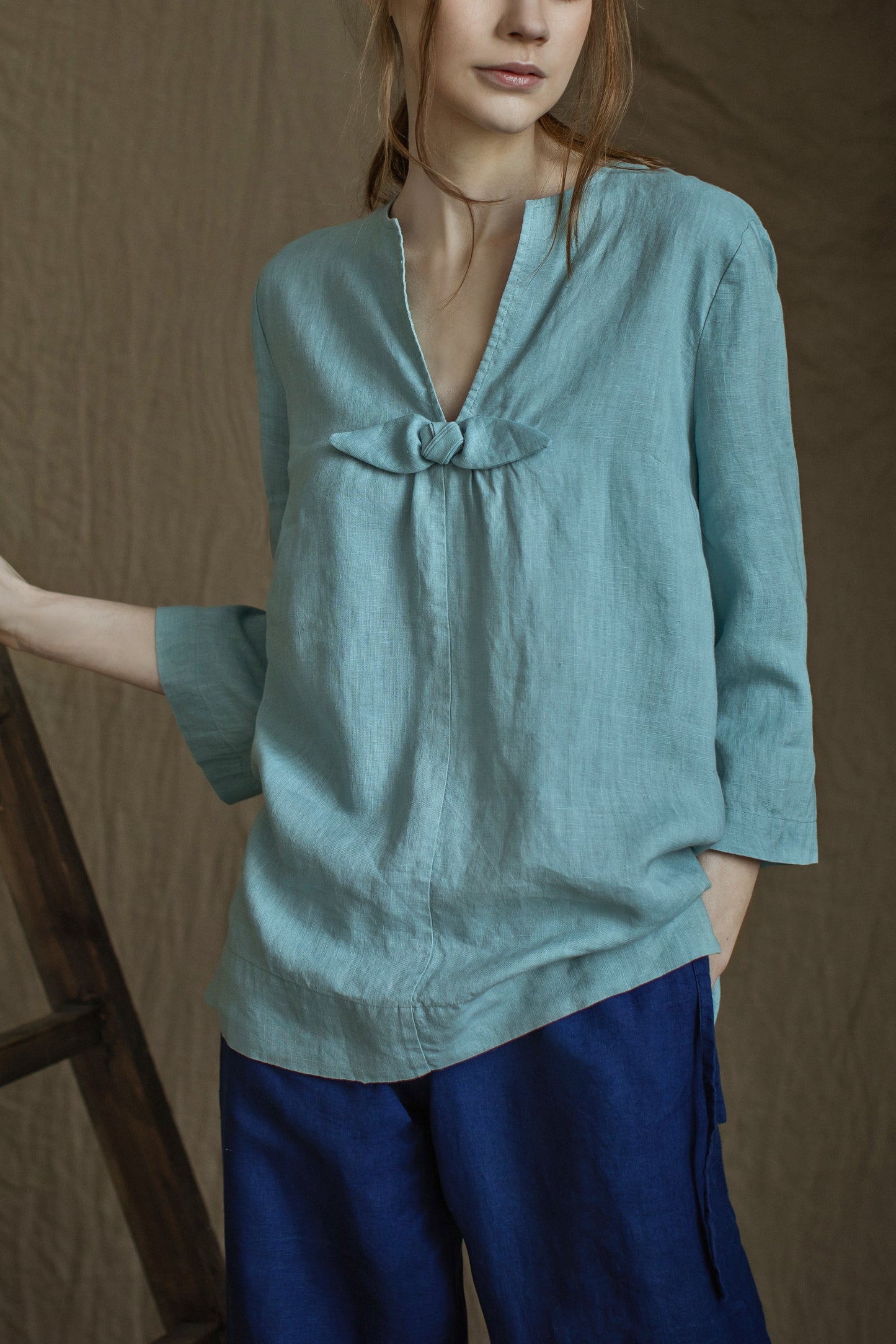 Linen White Tunic ROSEMARY with Handmade Rose Decor