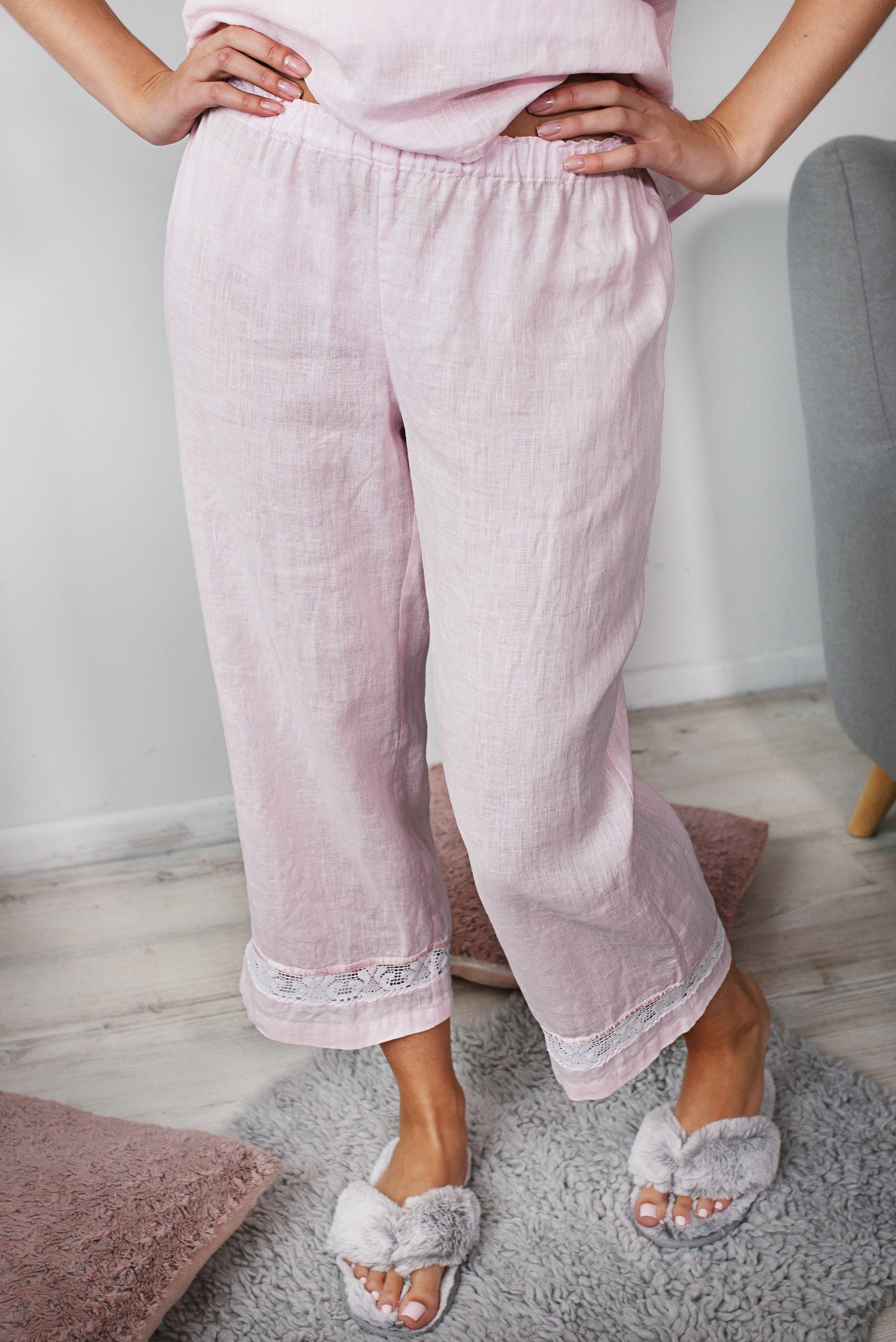 Linen Cropped Pajama Trouser CHARLOTTE with Lace Decor