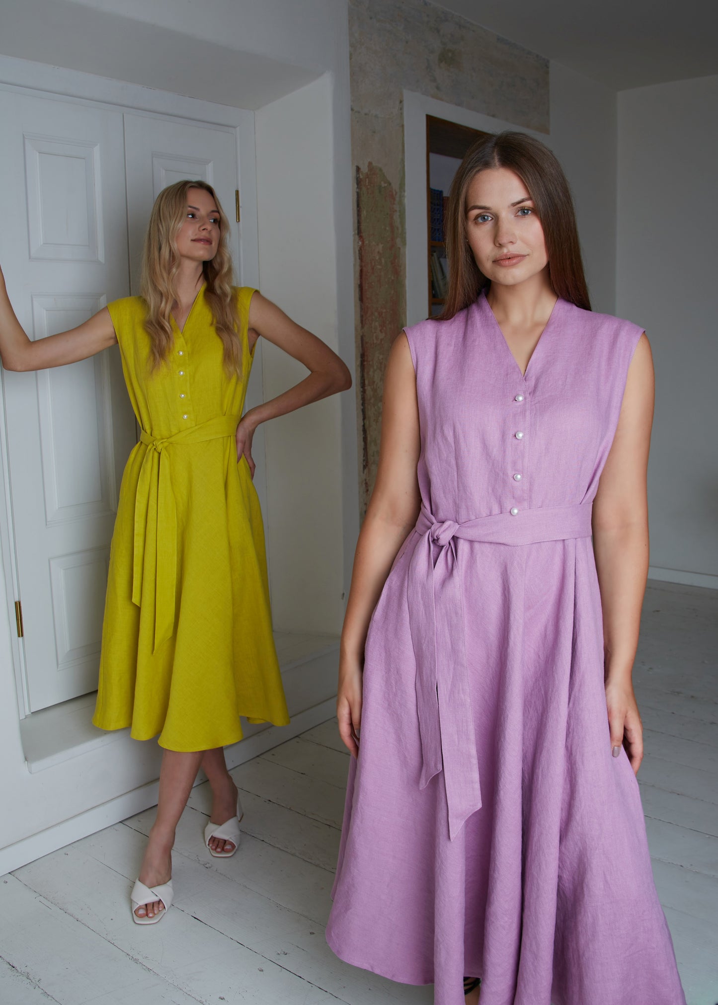 Linen Midi Dress MAGNOLIA Sleeveless with Wide skirt/ A-line Shape Elegant Linen Dress