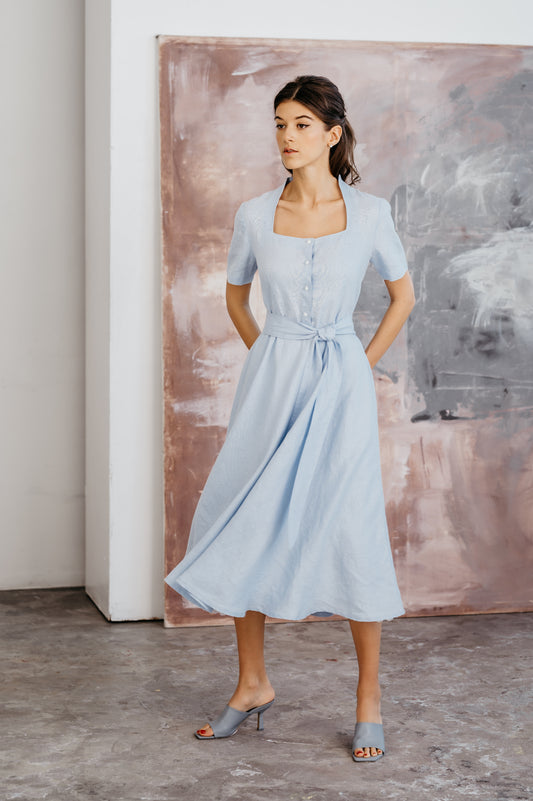 Linen Long Dress GLORIA with Short Sleeves and Wide Skirt