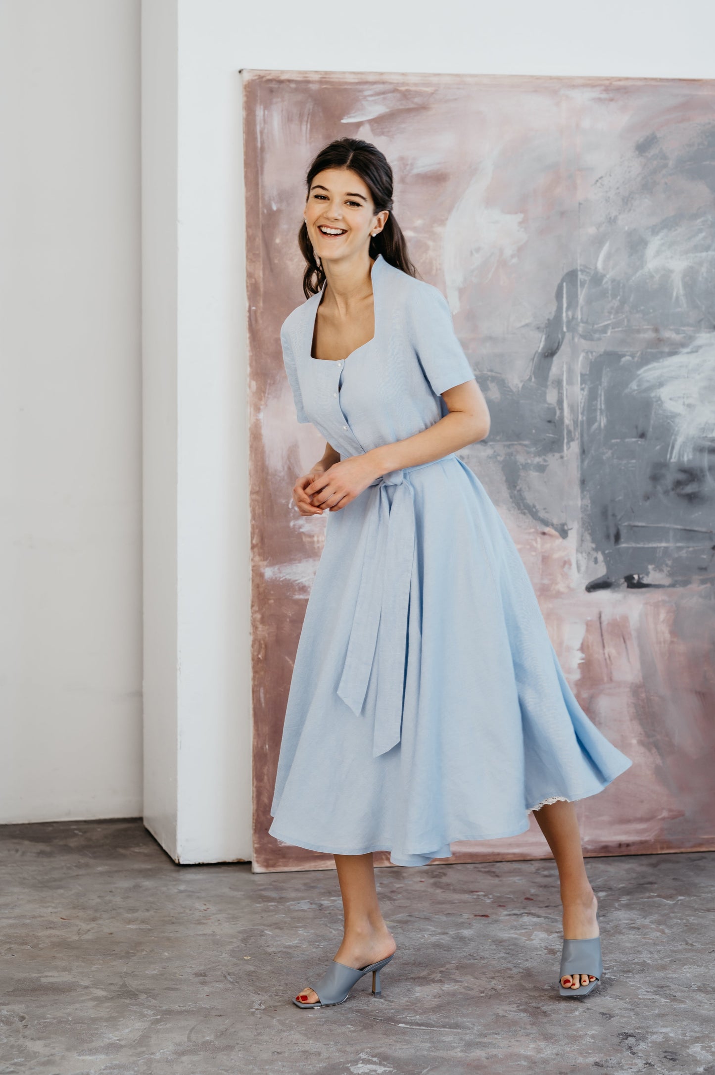 Linen Long Dress GLORIA with Short Sleeves and Wide Skirt