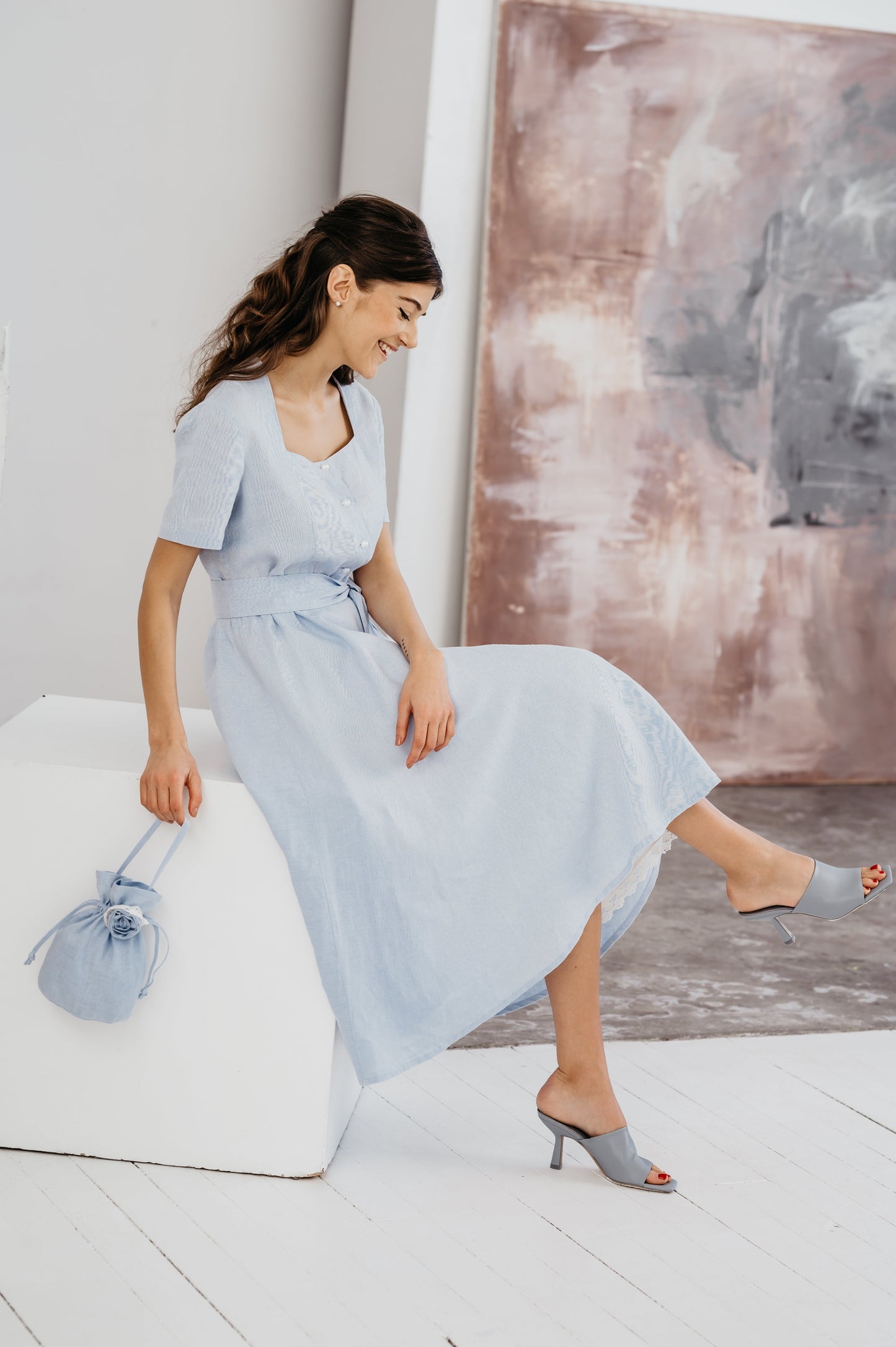 Linen Long Dress GLORIA with Short Sleeves and Wide Skirt