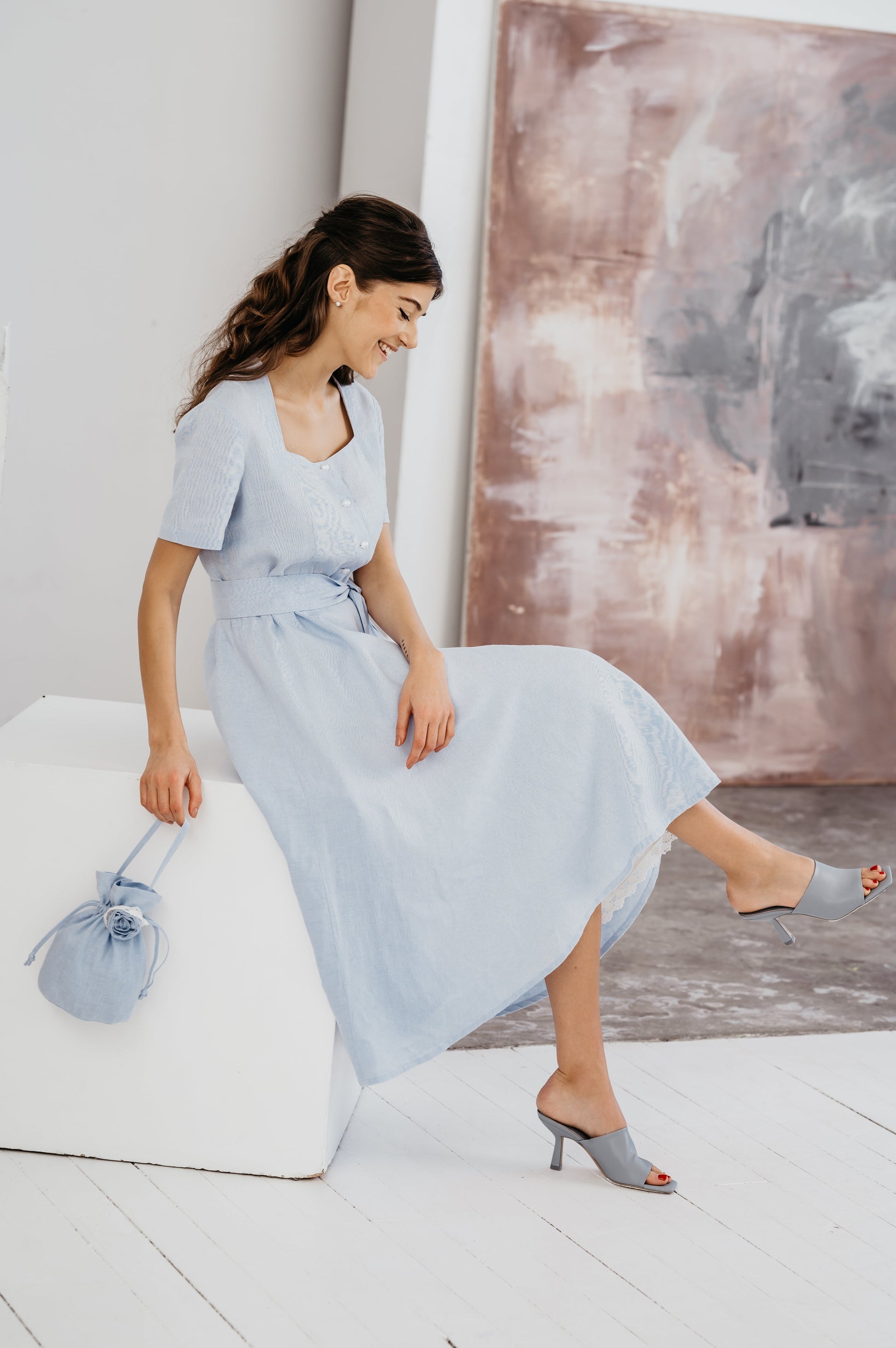 Linen Long Dress GLORIA with Short Sleeves and Wide Skirt