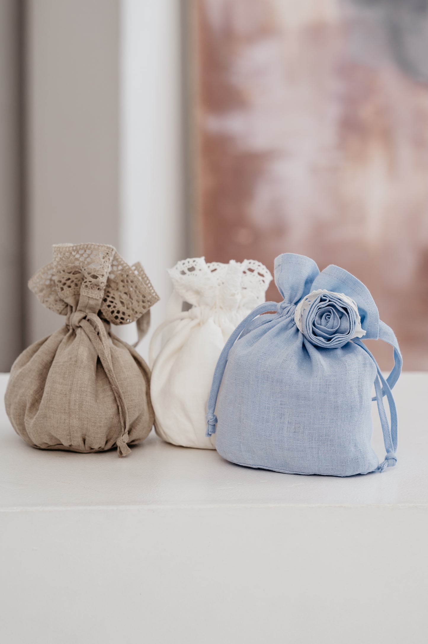 Linen Wedding Pouch/ Bridal Accessories Bag/ Linen Purse Laced/ Wrist Purse Drawstring/ Wedding Bag with Rose/ Zero Waste Wedding Pouch