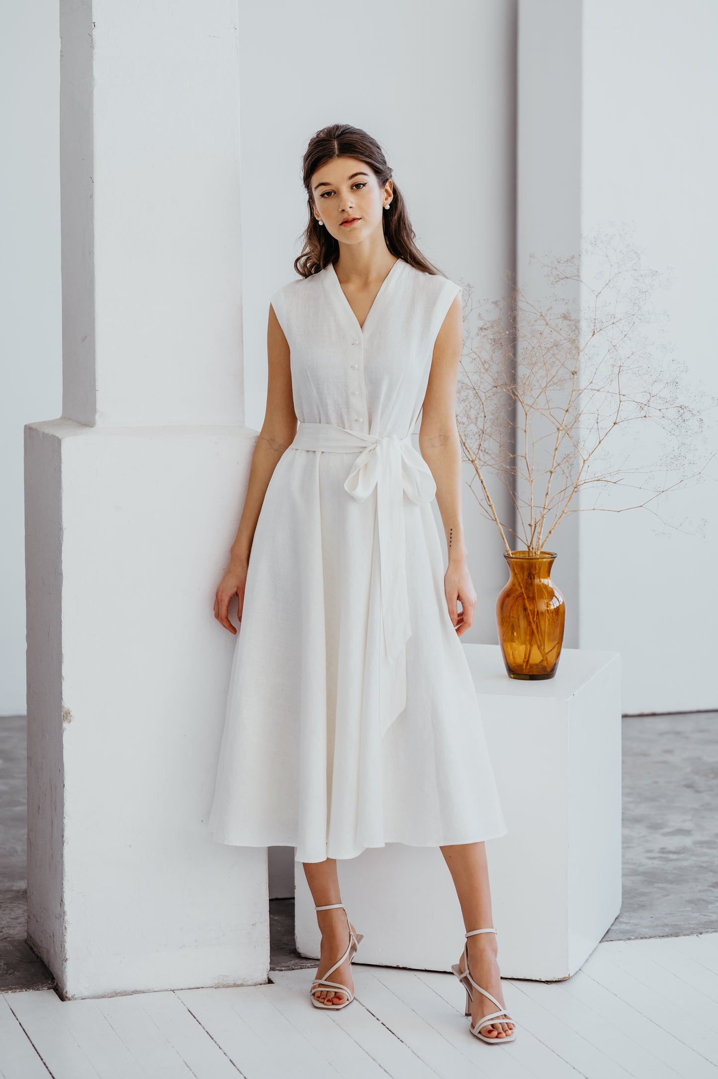 Linen Midi Dress MAGNOLIA Sleeveless with Wide skirt/ A-line Shape Elegant Linen Dress