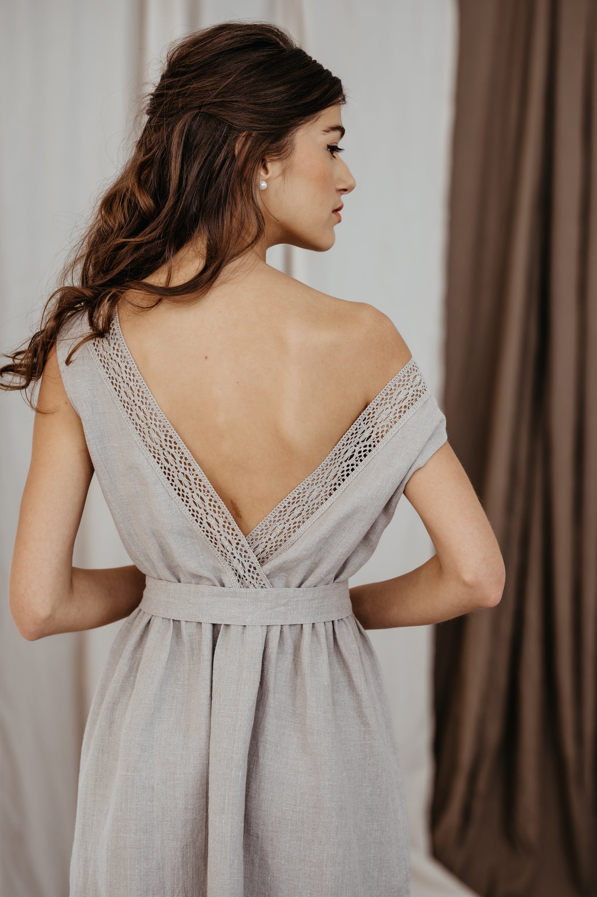 Linen Dress MILA with Open Back and Lace