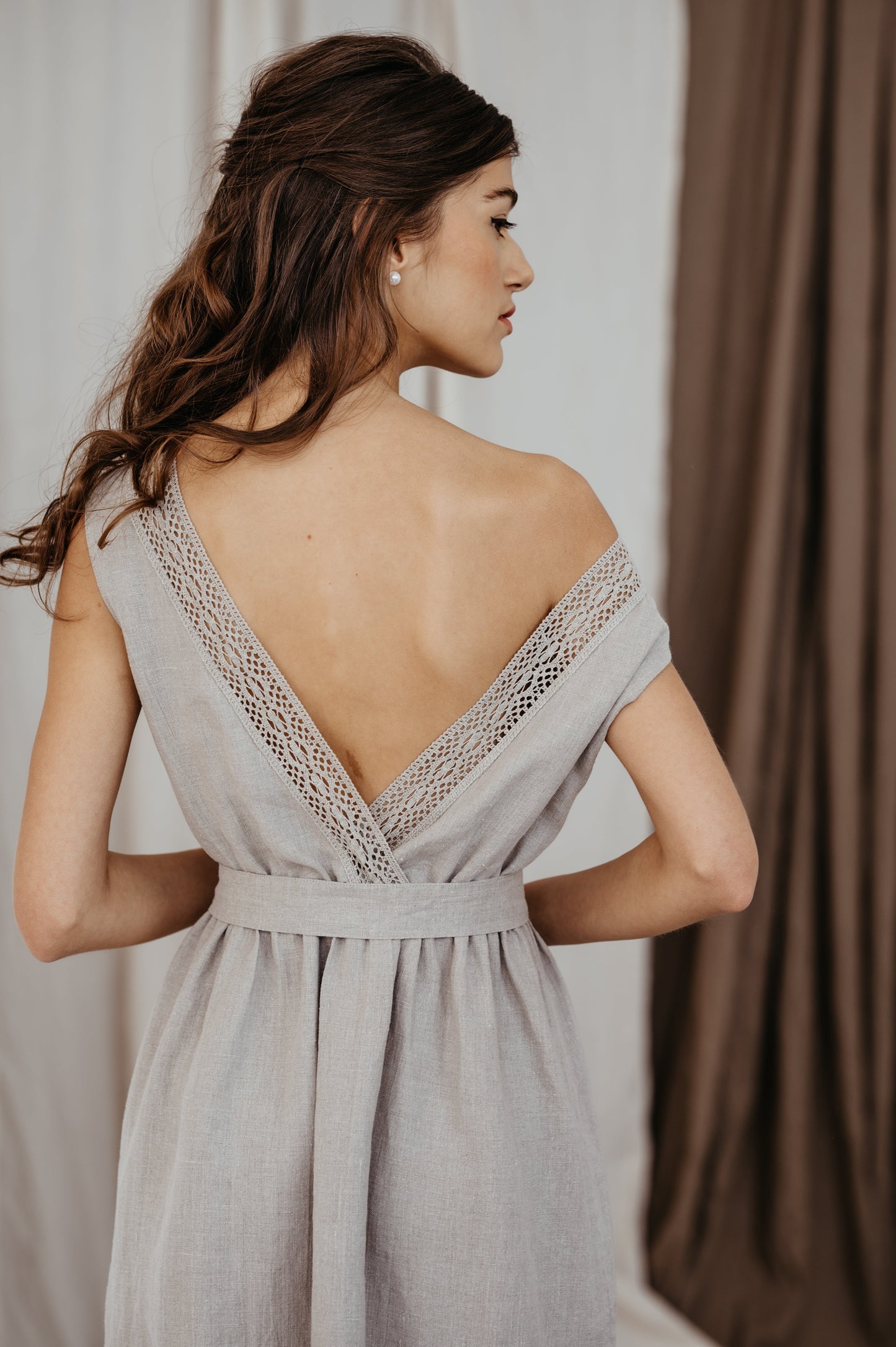 Linen Dress MILA with Open Back and Lace