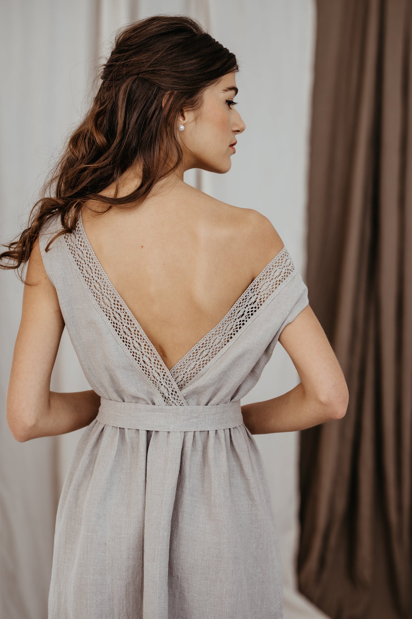 Linen Dress MILA with Open Back and Lace