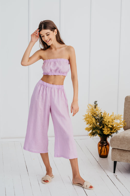 Linen Cropped Pajama Pants ISABELLA with Wide Leg/ Linen Loungewear