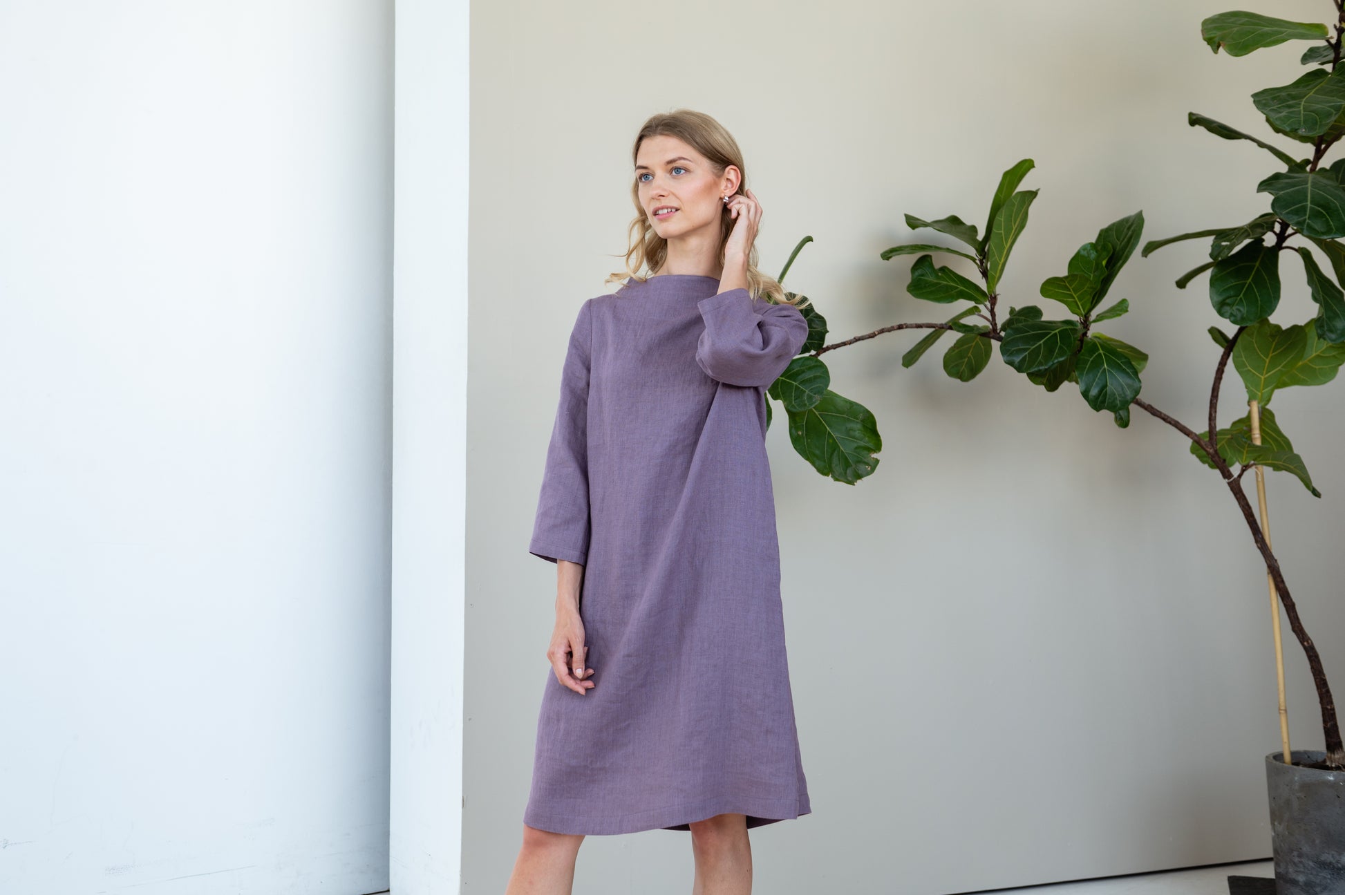 Linen Dress VERA with Higher Neck