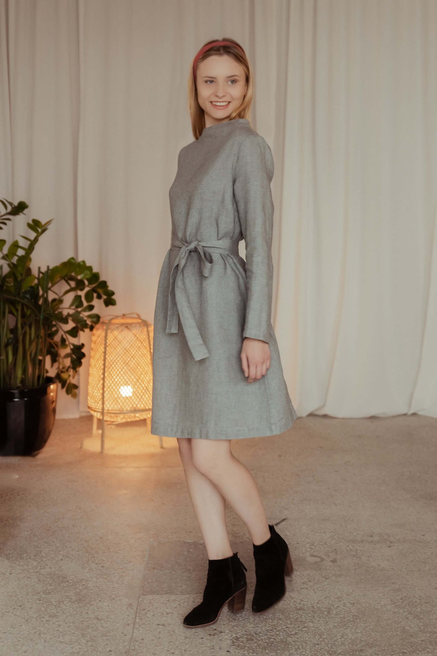 Linen Wool Blend Dress VERA with Higher Neck