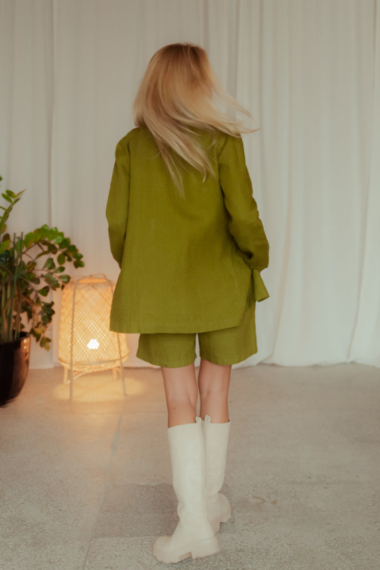 Linen Women's Suit Casual in Green/ High Waisted Shorts and Longer Blazer