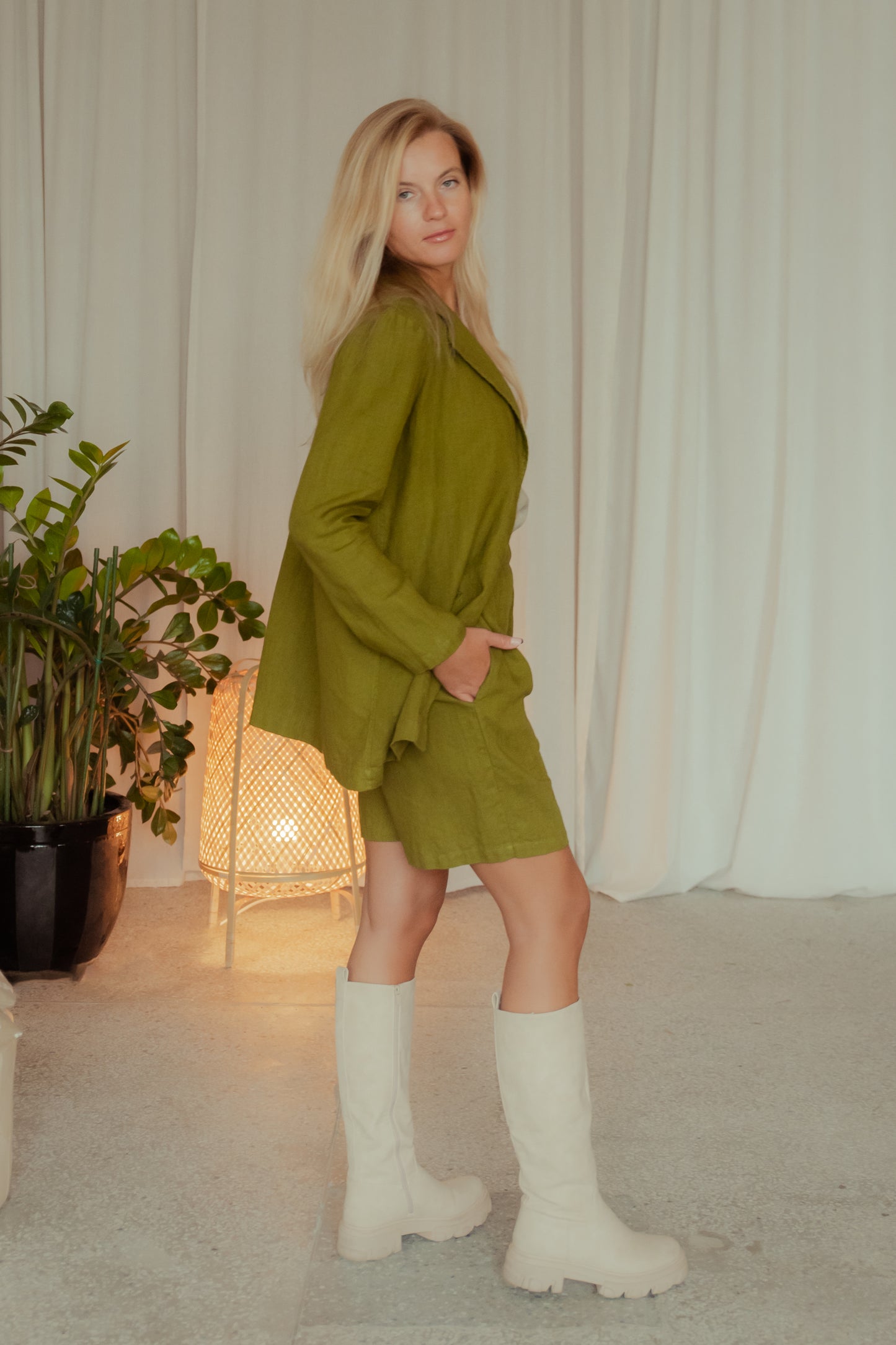 Linen Women's Suit Casual in Green/ High Waisted Shorts and Longer Blazer